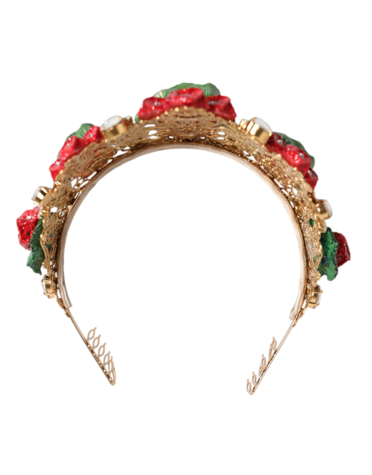 New Dolce & Gabbana Red Floral Flowerpot Crystal Gold Crown Tiara Headband