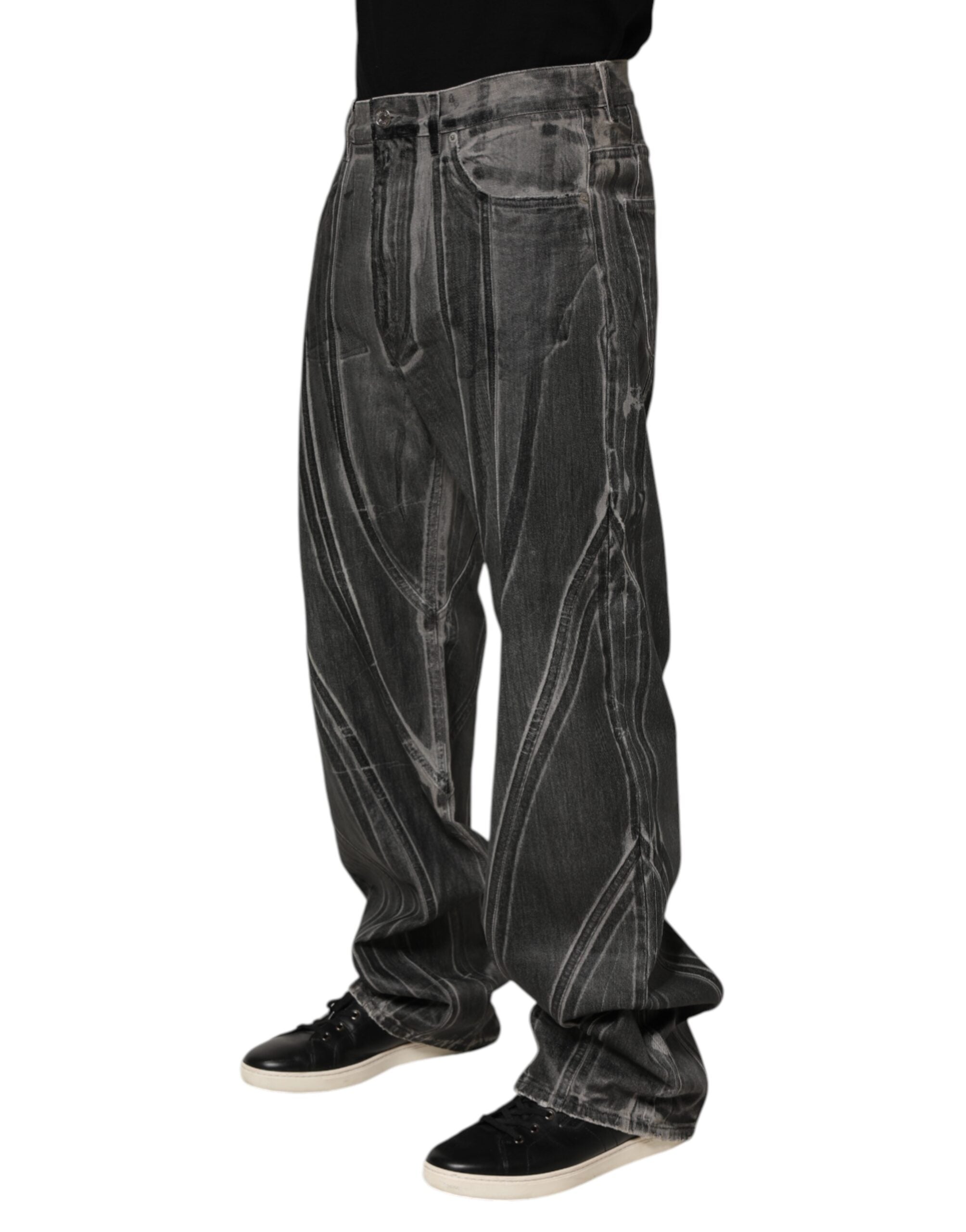 Dolce & Gabbana Black Grey Graphic Print Denim Pants Jeans