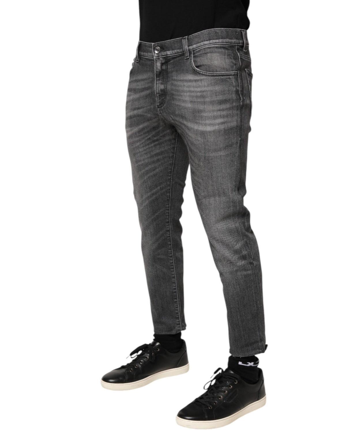 Dolce & Gabbana Grey Cotton Denim Slim Fit Distressed Pants Jeans