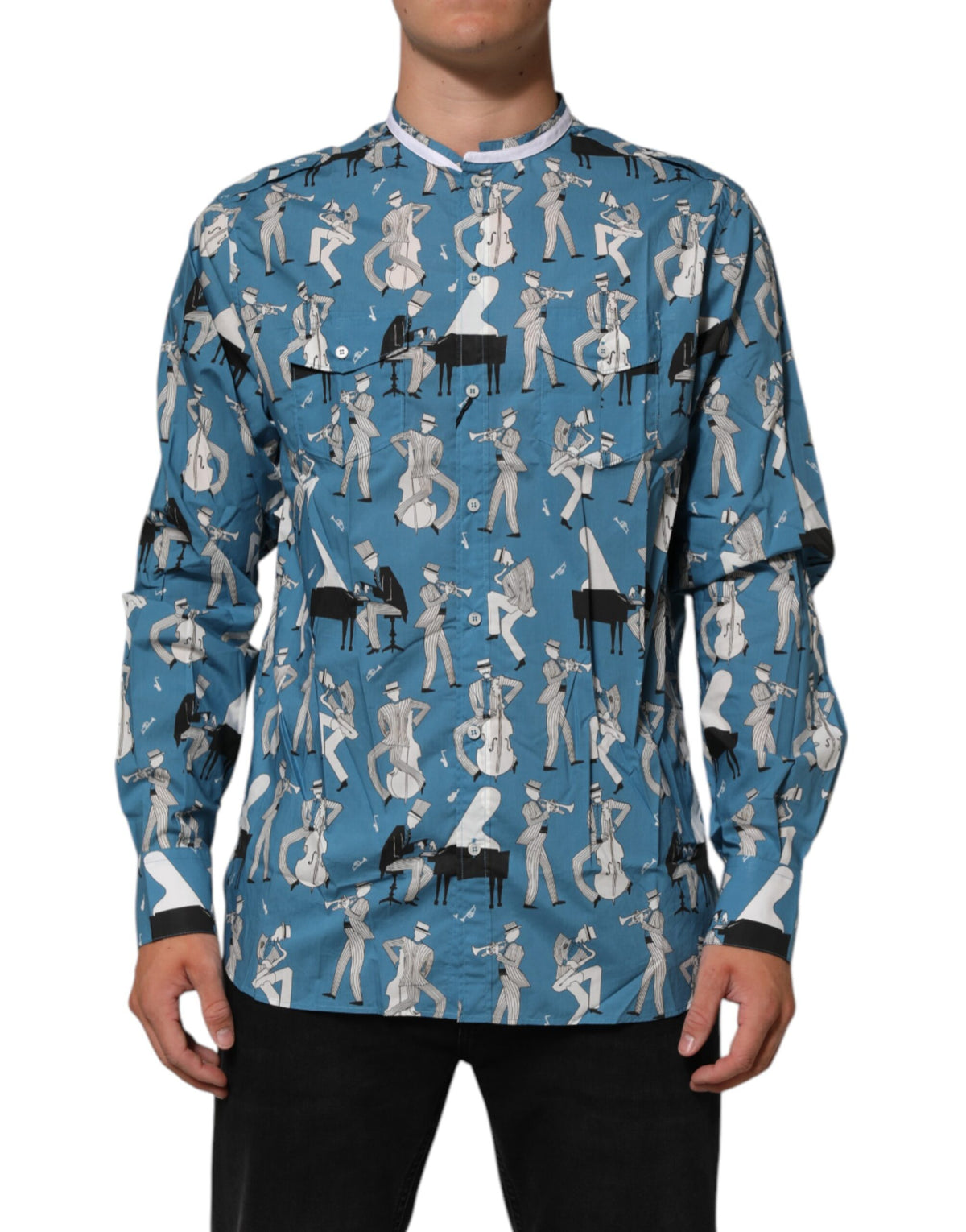 New Dolce & Gabbana Blue Jazz Printed Cotton Button Front Shirt
