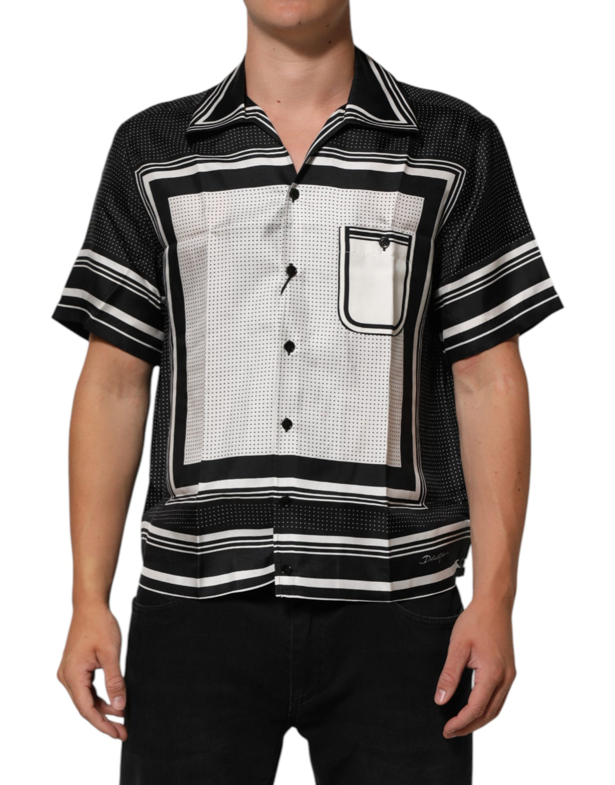 New Dolce & Gabbana Black White StripeDot Print Casual Polo Shirt