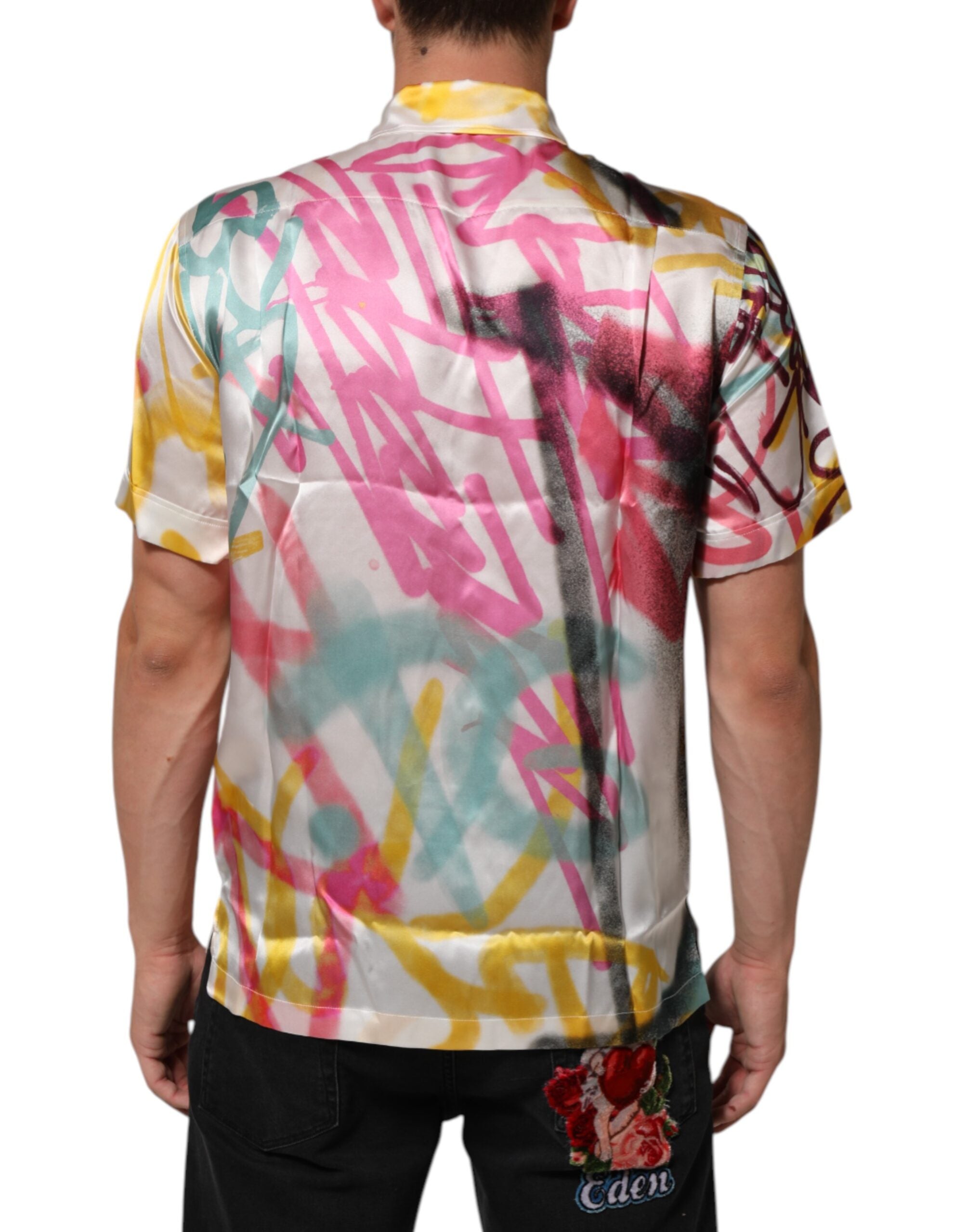 New Dolce & Gabbana White Silk Hawaiian Graffiti Print Men Casual Shirt