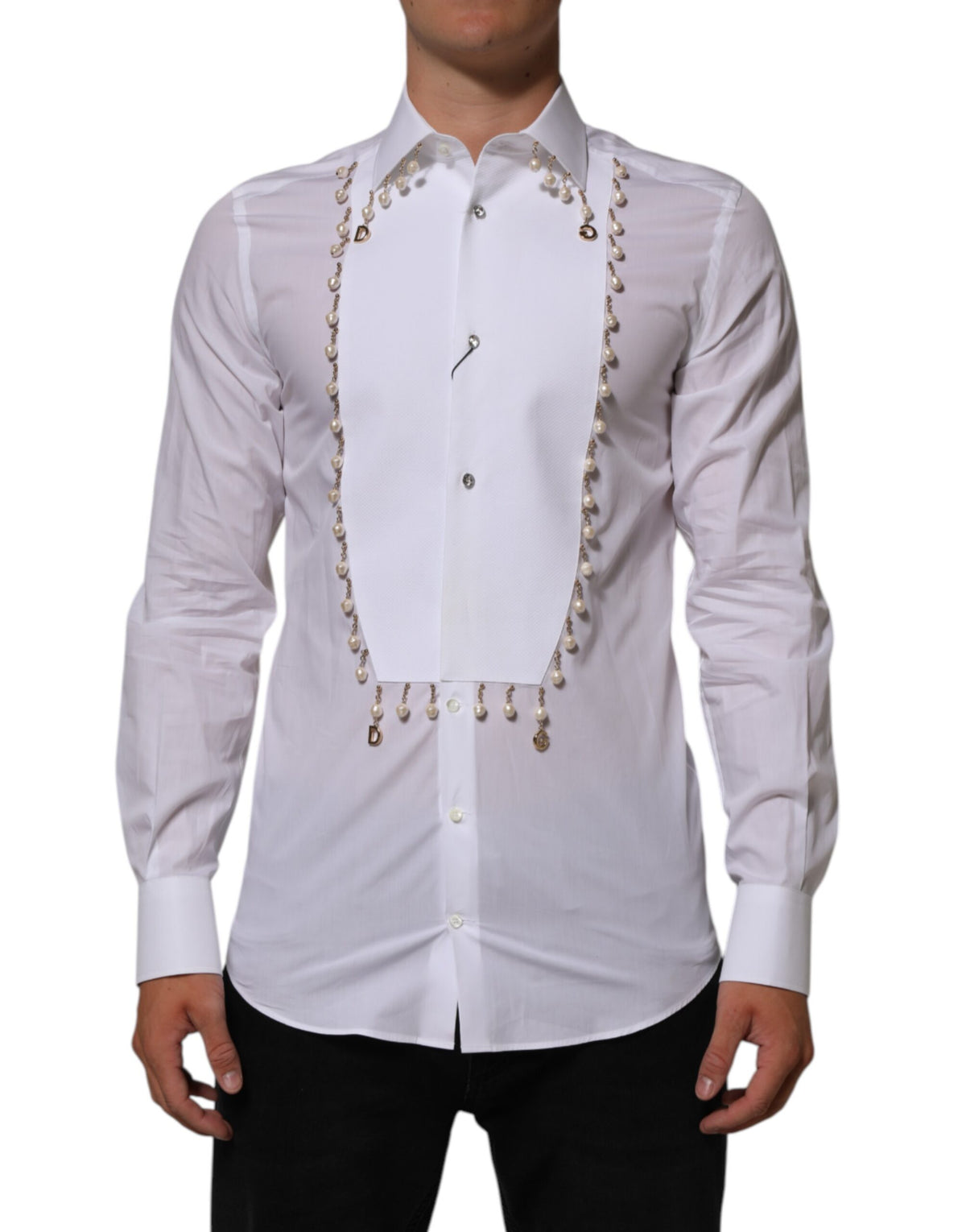 New Dolce & Gabbana White Cotton DG Logo Pearl GOLD Formal Shirt