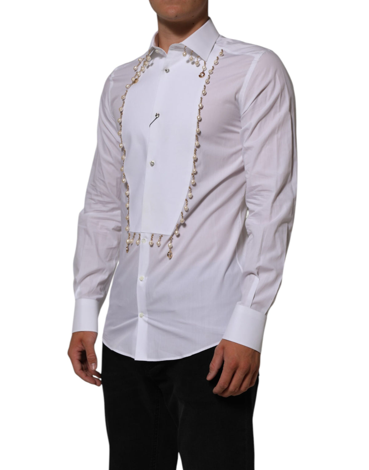 New Dolce & Gabbana White Cotton DG Logo Pearl GOLD Formal Shirt
