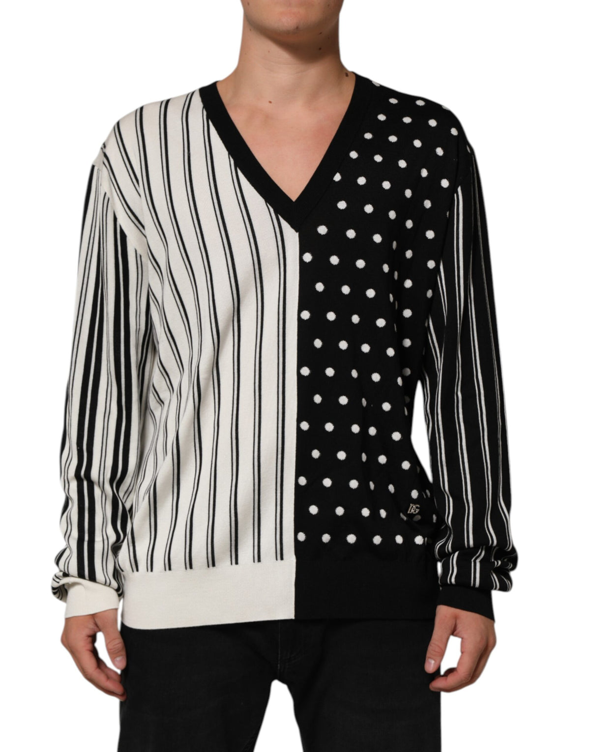 Dolce & Gabbana Black White Stripe Polka V-Neck Pullover Sweater