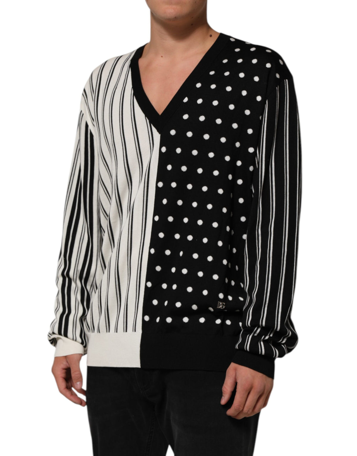 Dolce & Gabbana Black White Stripe Polka V-Neck Pullover Sweater