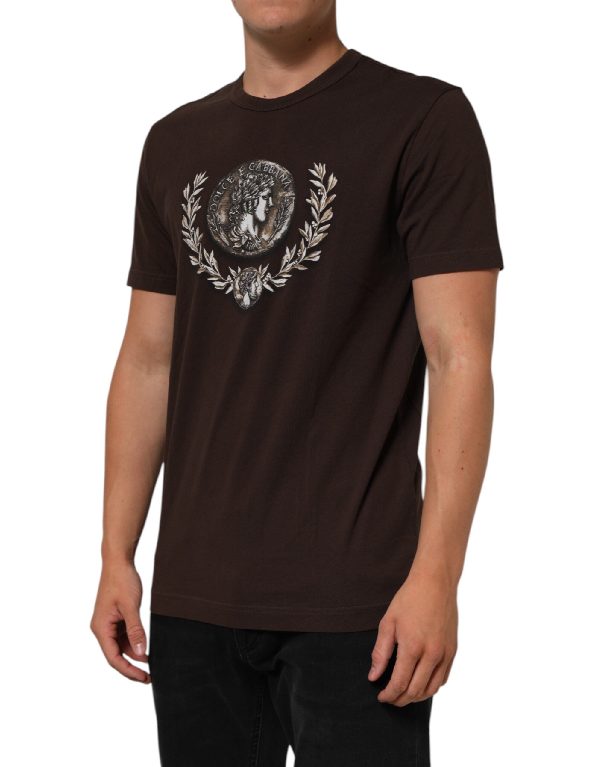 Pre-Owned Dolce & Gabbana Brown Coin Laurel Print Men Crew Neck T-shirt