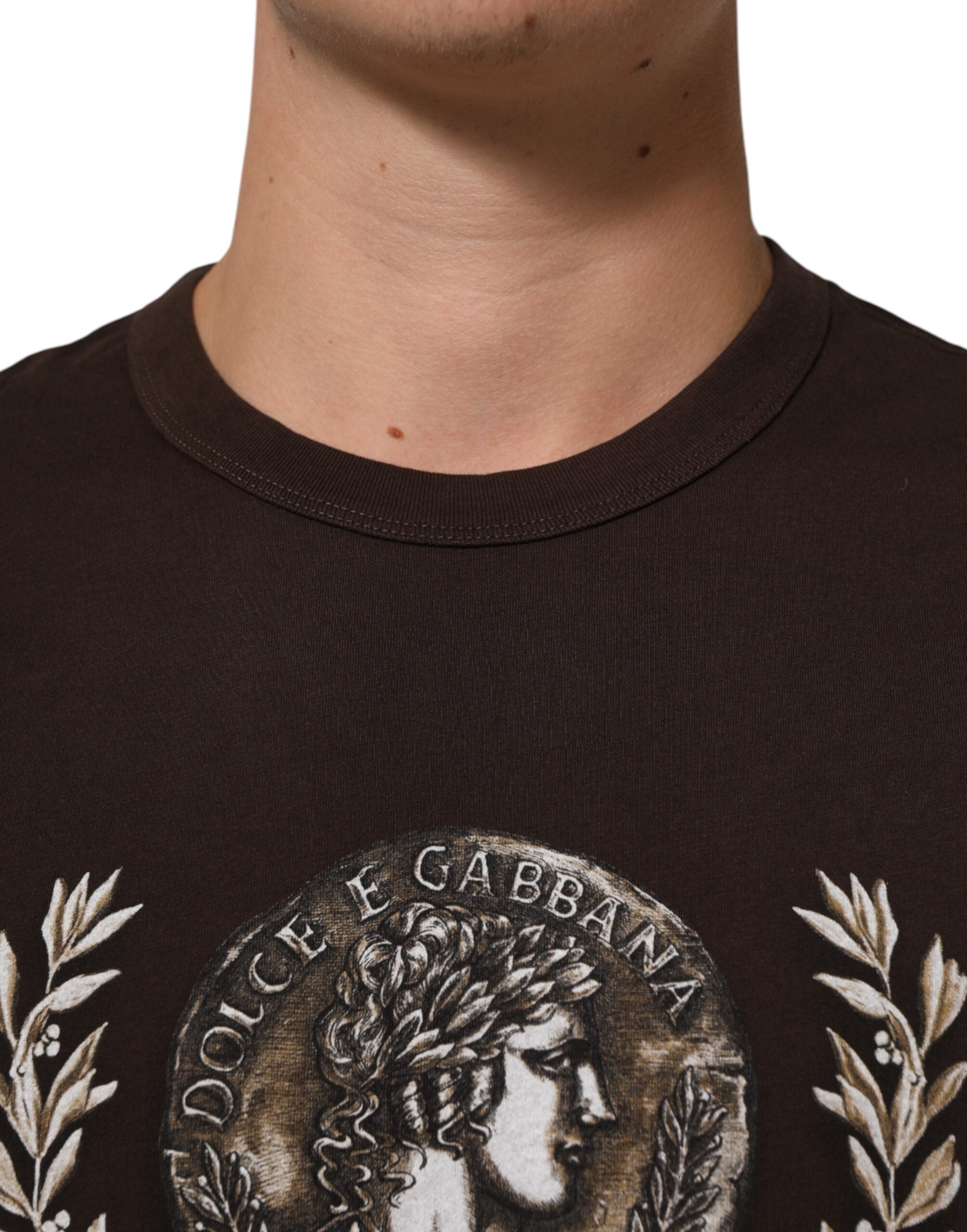 Pre-Owned Dolce & Gabbana Brown Coin Laurel Print Men Crew Neck T-shirt