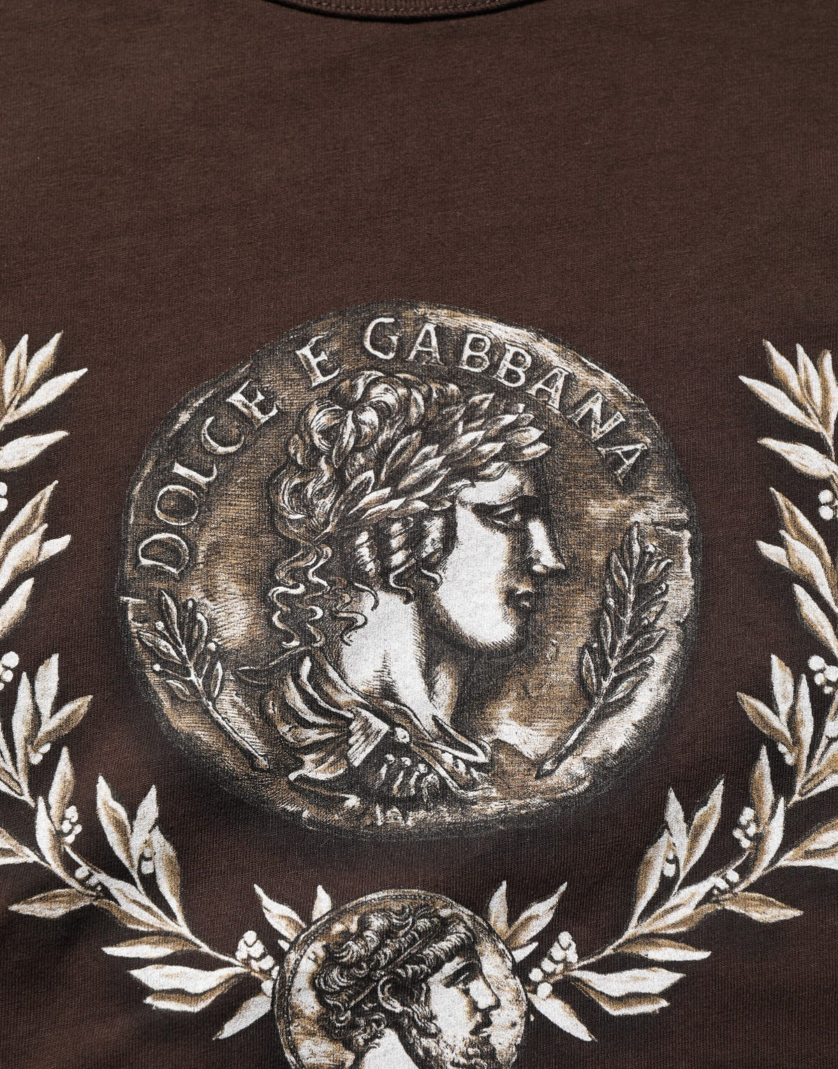Pre-Owned Dolce & Gabbana Brown Coin Laurel Print Men Crew Neck T-shirt - Very Good