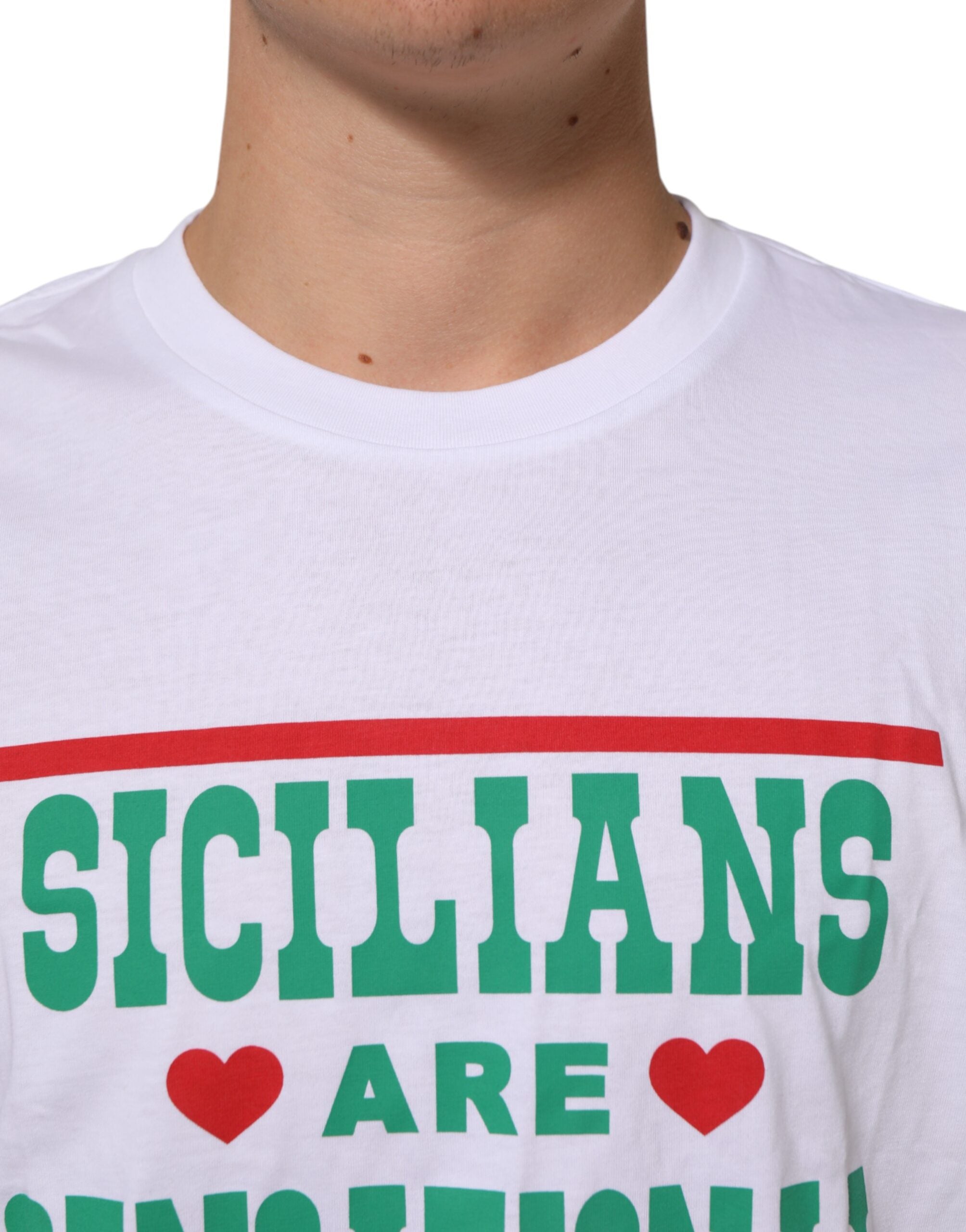 New Dolce & Gabbana White Graphic Print Cotton Crew Neck T-shirt
