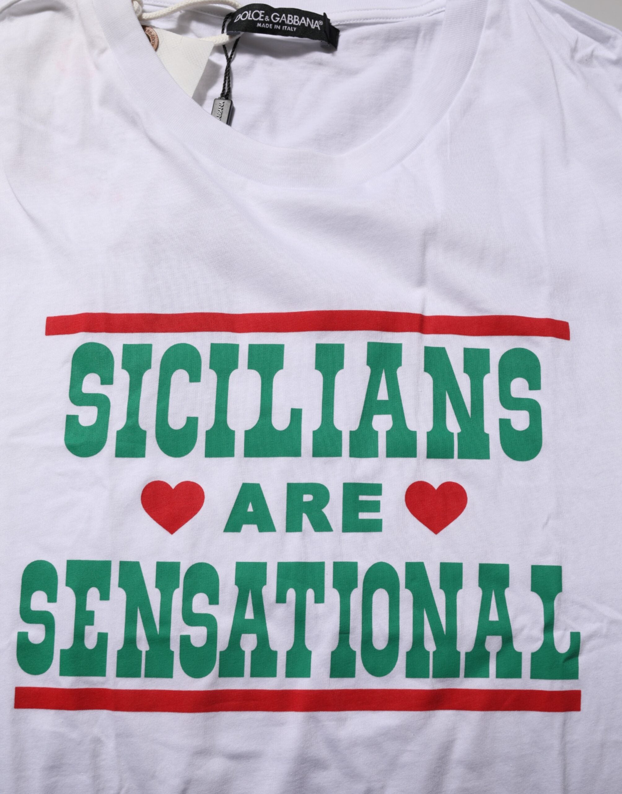 New Dolce & Gabbana White Graphic Print Cotton Crew Neck T-shirt