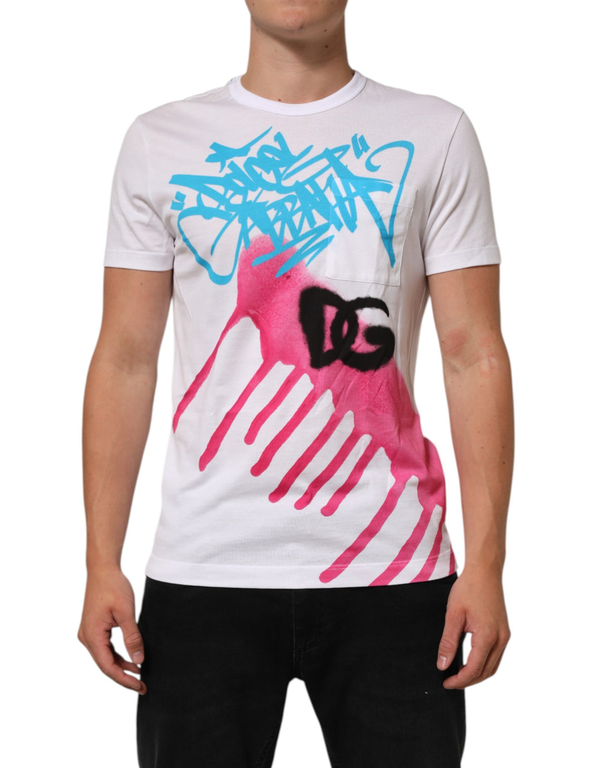 New Dolce & Gabbana White Graphic Print Cotton Crew Neck T-shirt
