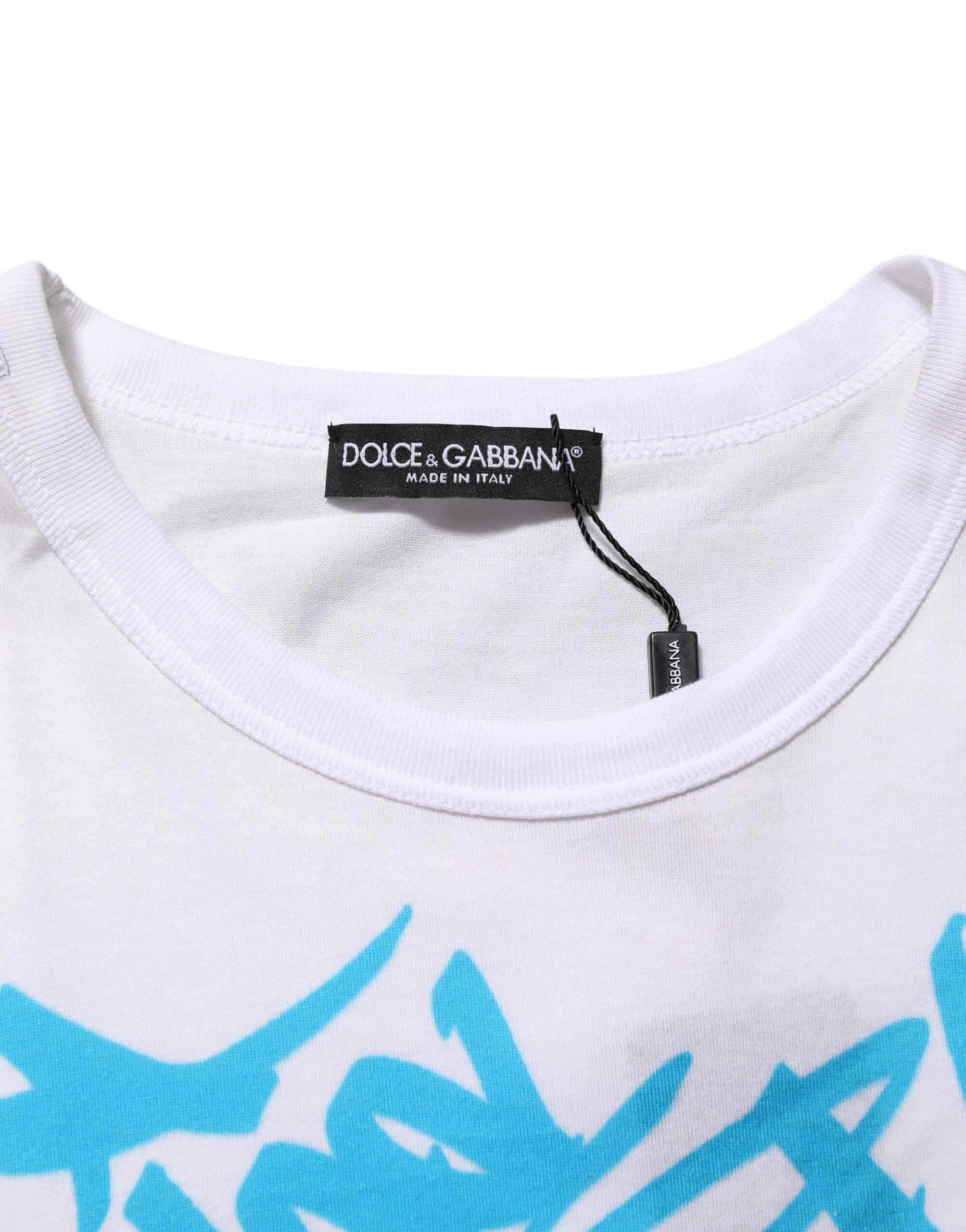 New Dolce & Gabbana White Graphic Print Cotton Crew Neck T-shirt