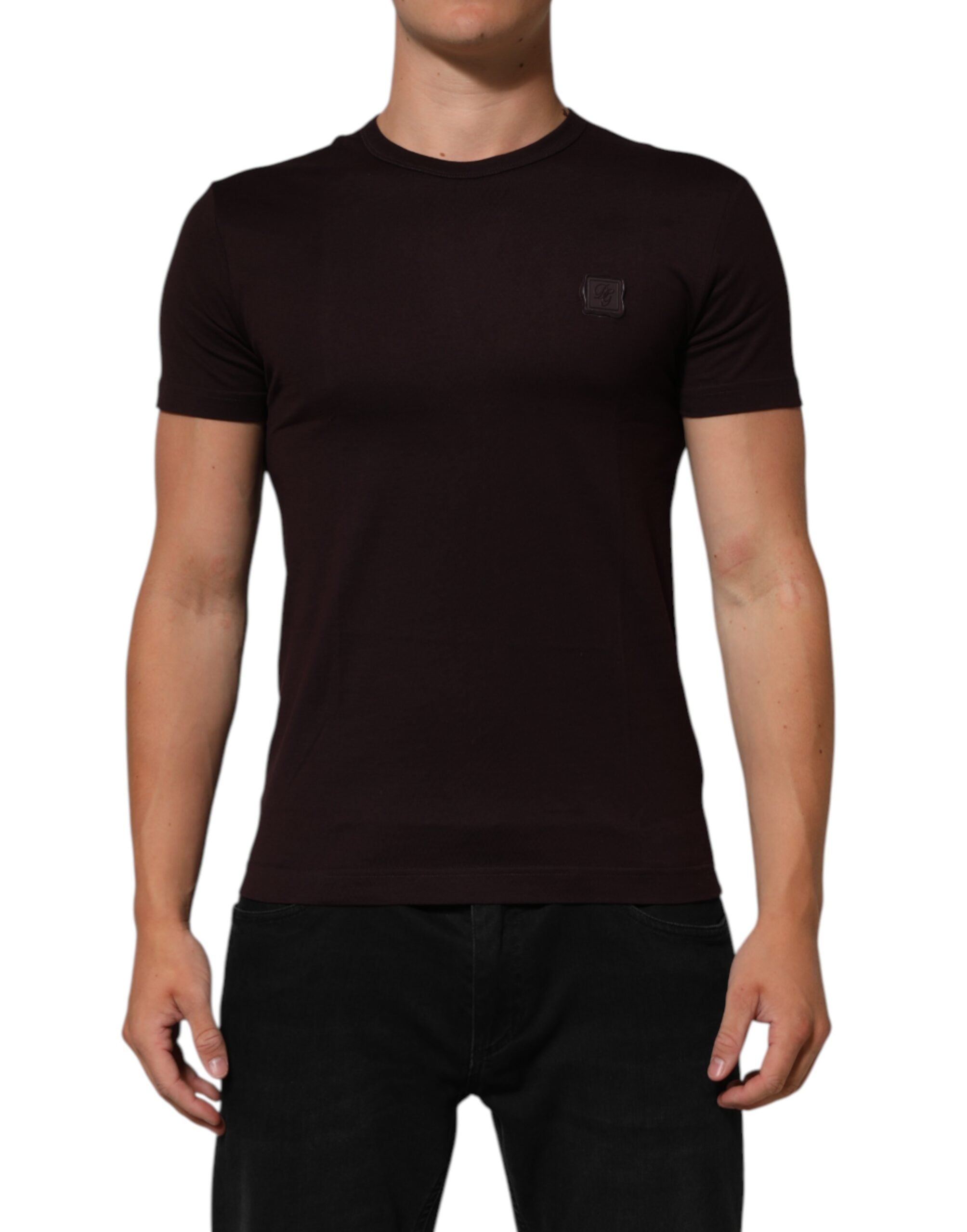 New Dolce & Gabbana Brown Logo Plaque Cotton Crew Neck T-shirt