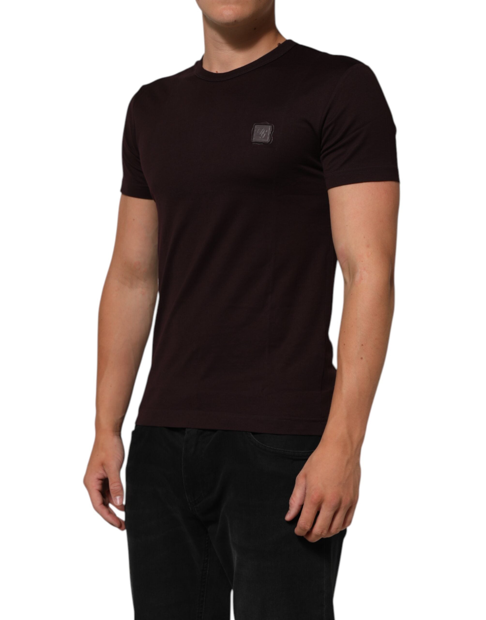 New Dolce & Gabbana Brown Logo Plaque Cotton Crew Neck T-shirt