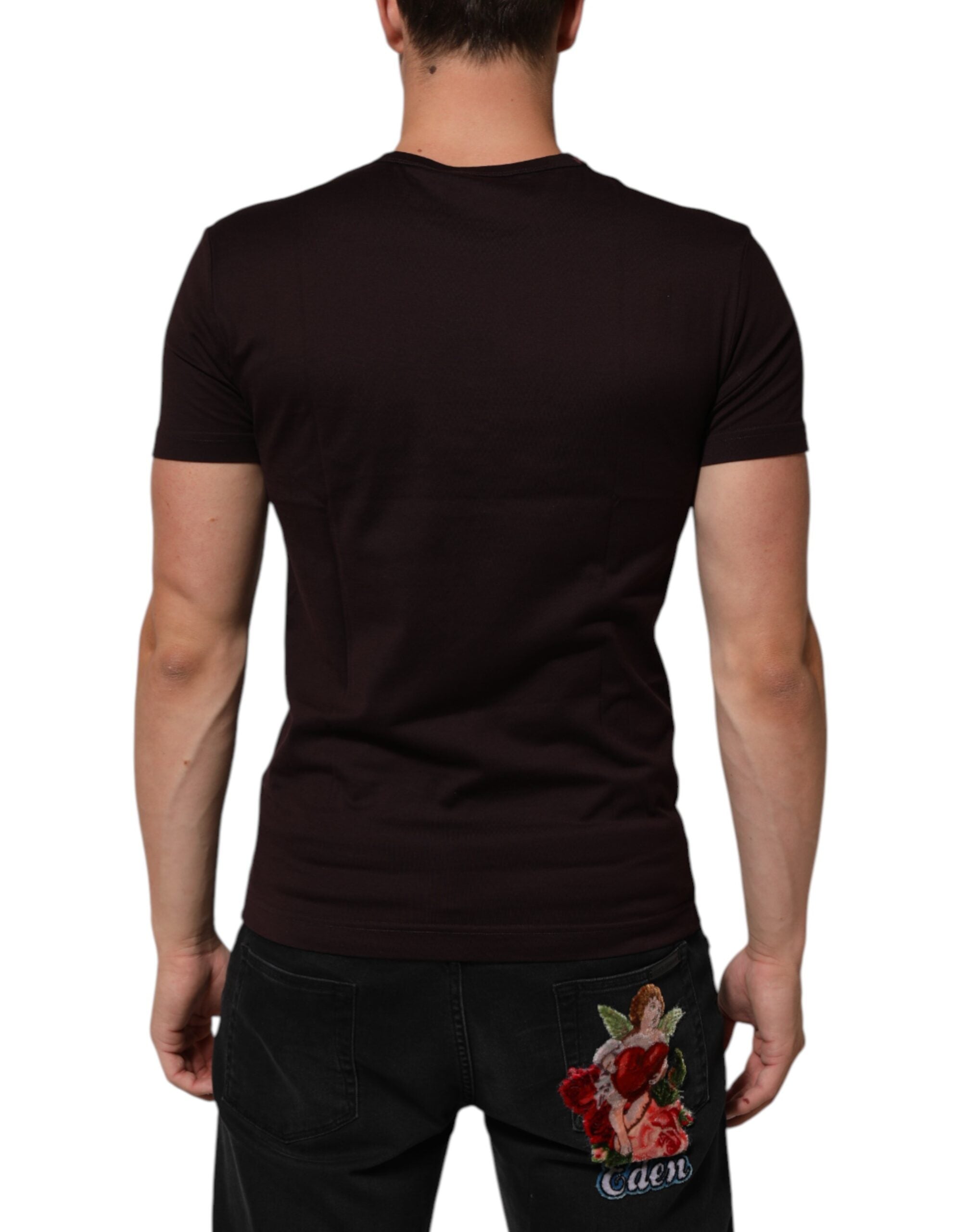 New Dolce & Gabbana Brown Logo Plaque Cotton Crew Neck T-shirt