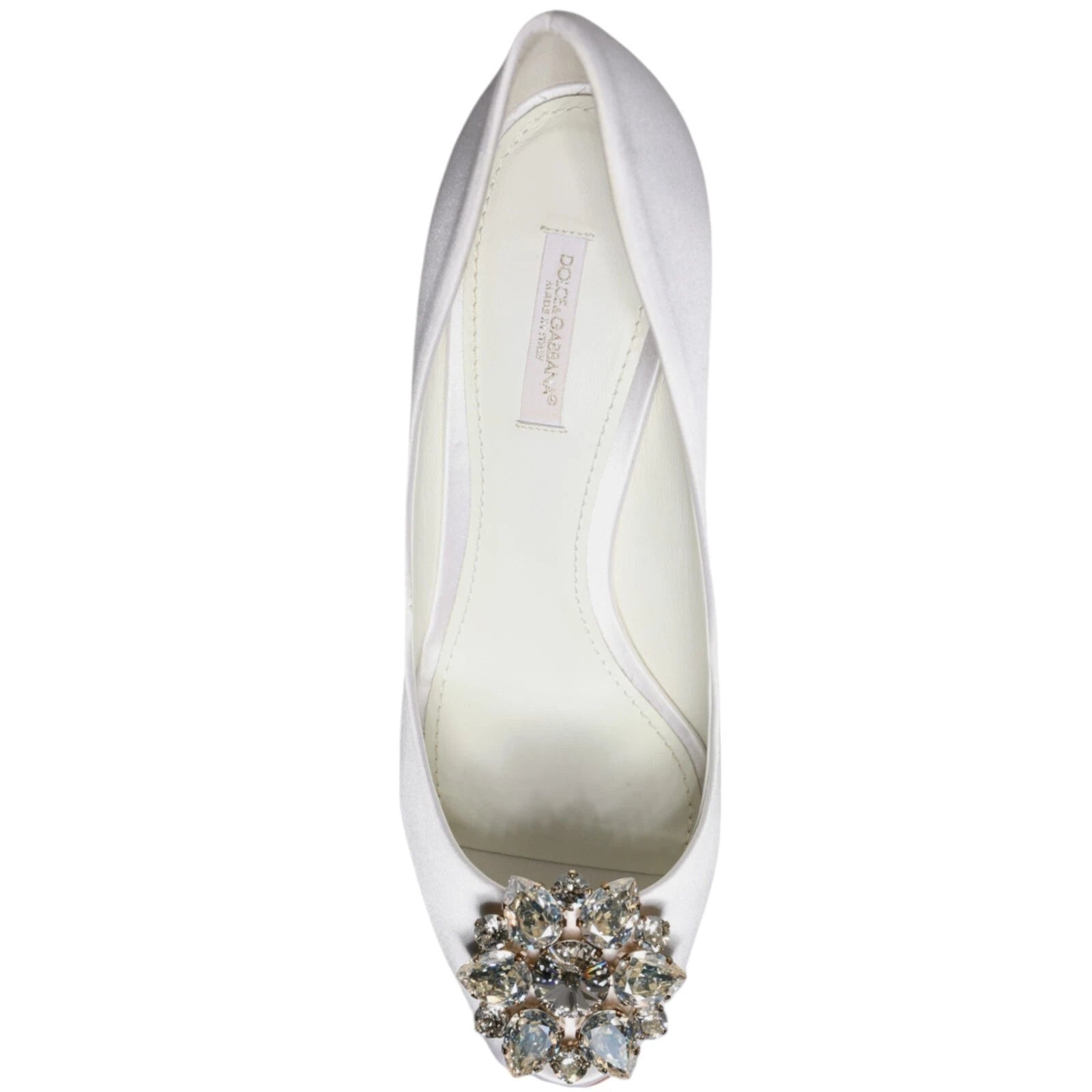 Dolce & Gabbana White Crystals Peep Toe Satin Pumps Shoes