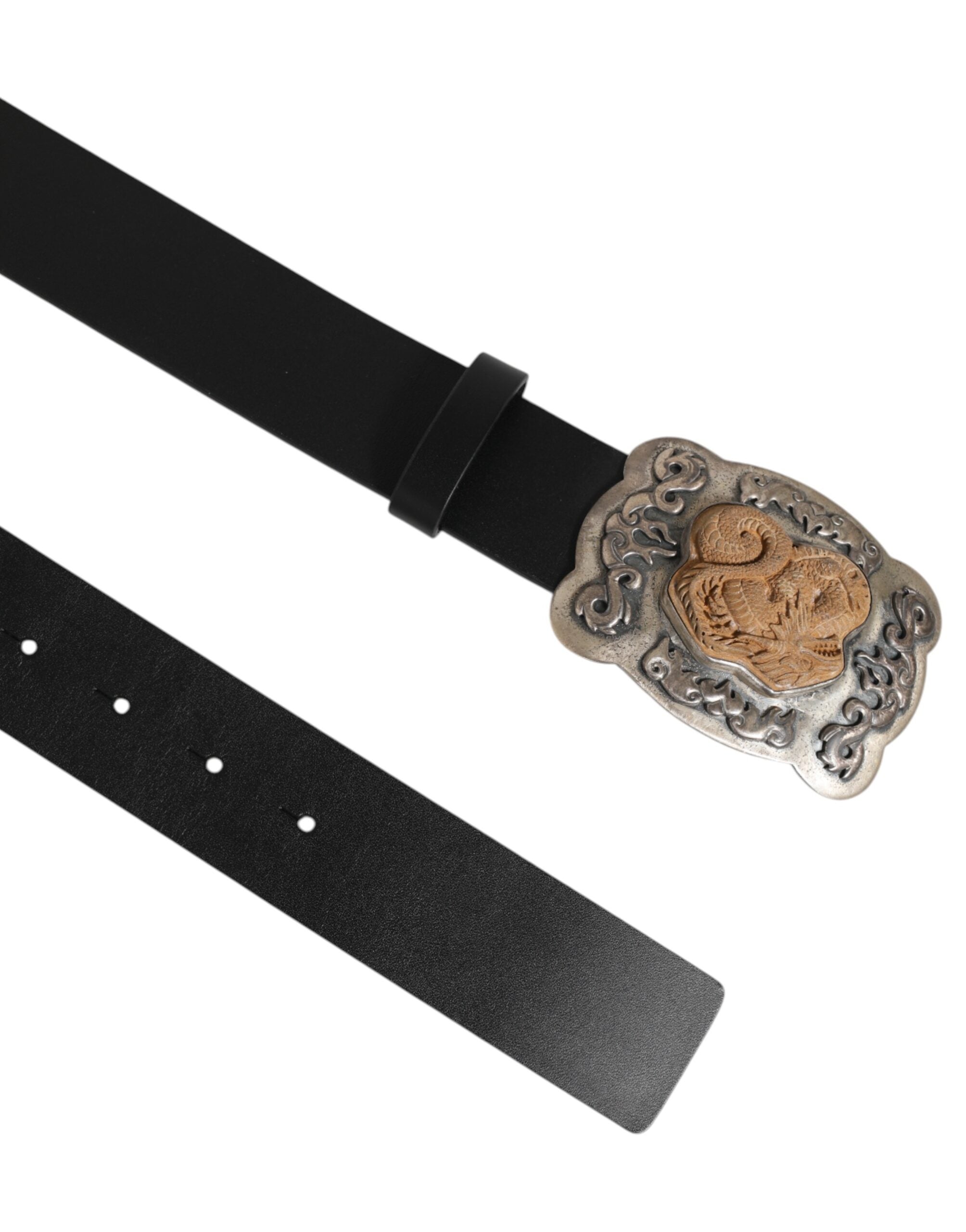 Dolce & Gabbana Black Leather Gothic Dragon Metal Buckle Belt