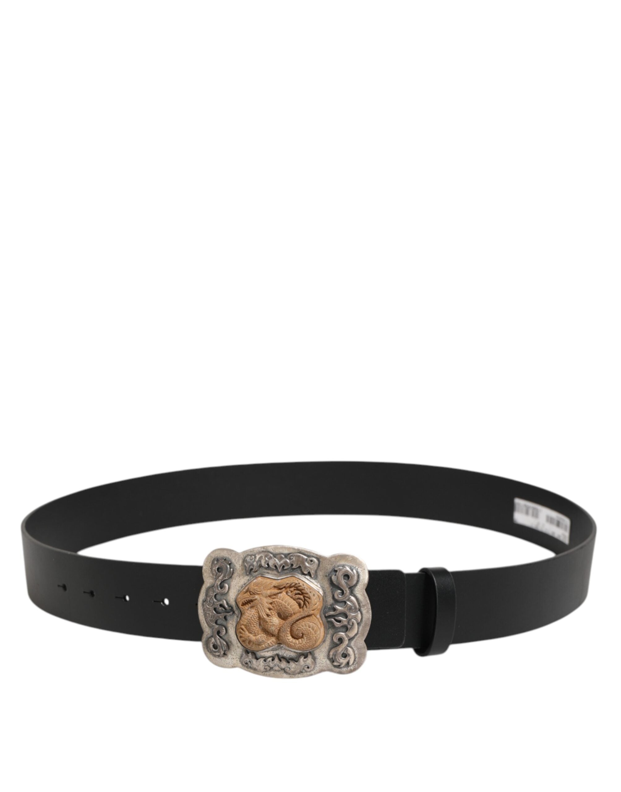 New Dolce & Gabbana Black Leather Gothic Dragon Metal Buckle Belt
