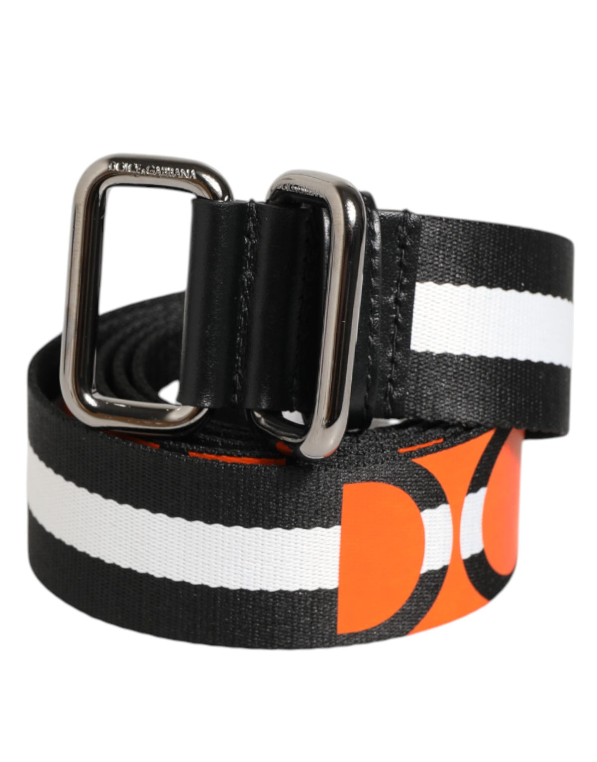 New Dolce & Gabbana Black White Striped Logo Metal Buckle Belt