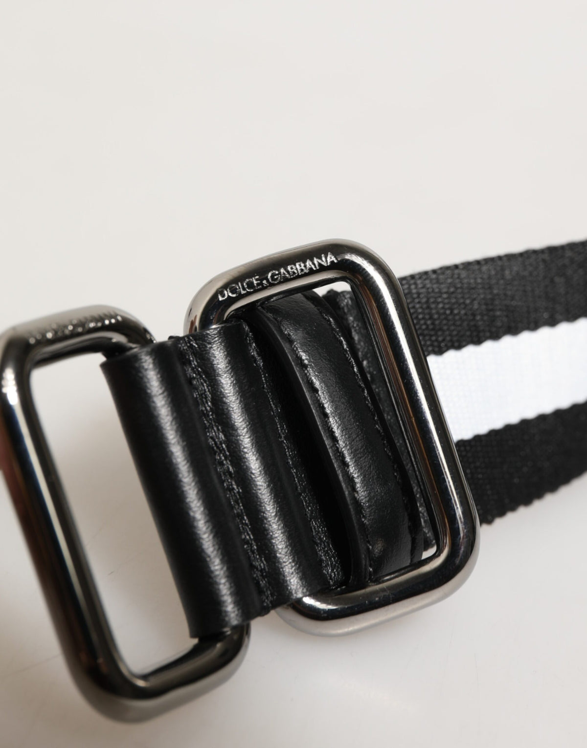 New Dolce & Gabbana Black White Striped Logo Metal Buckle Belt
