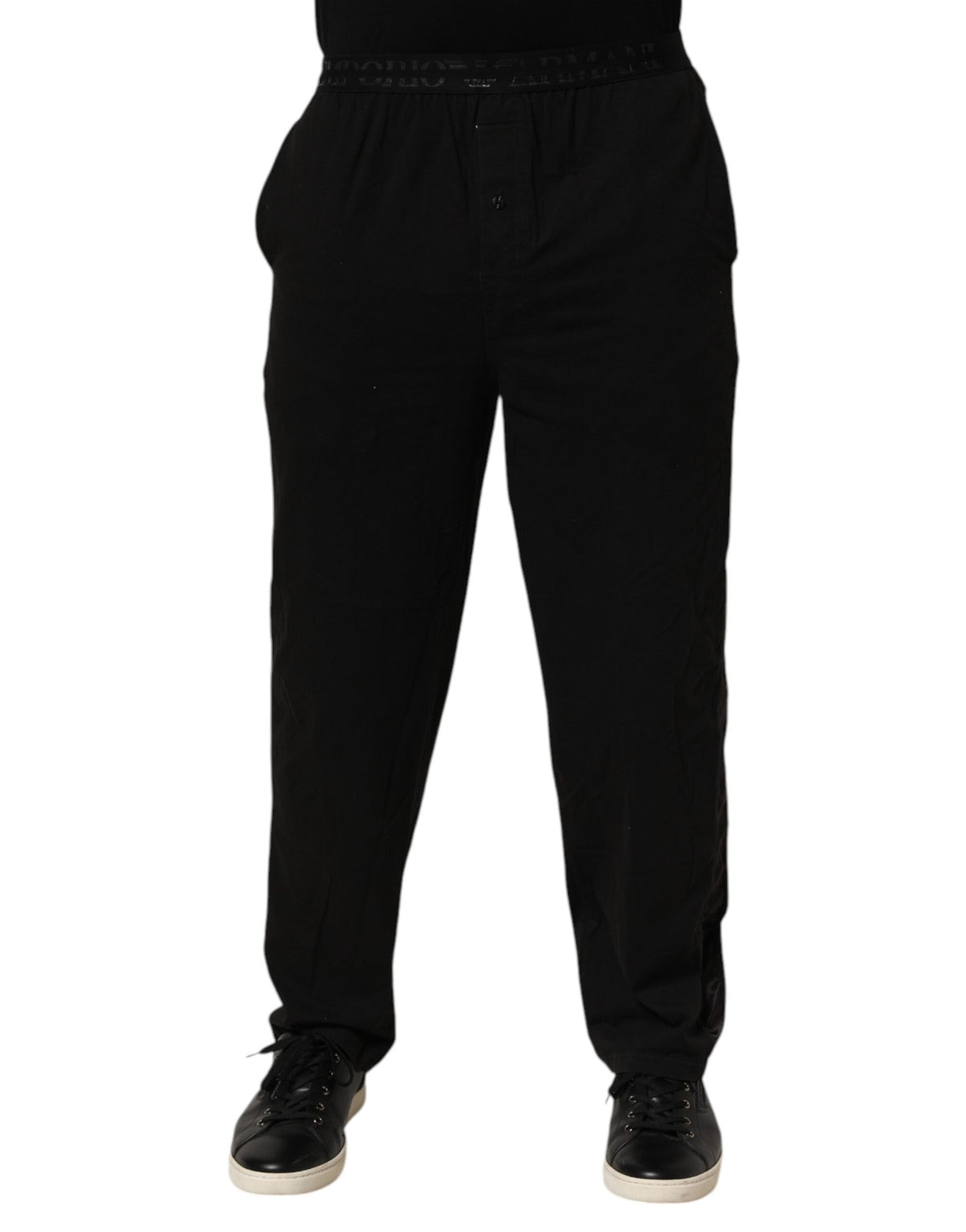 Emporio Armani Black Cotton Blend Logo Waistband Trouser Pants