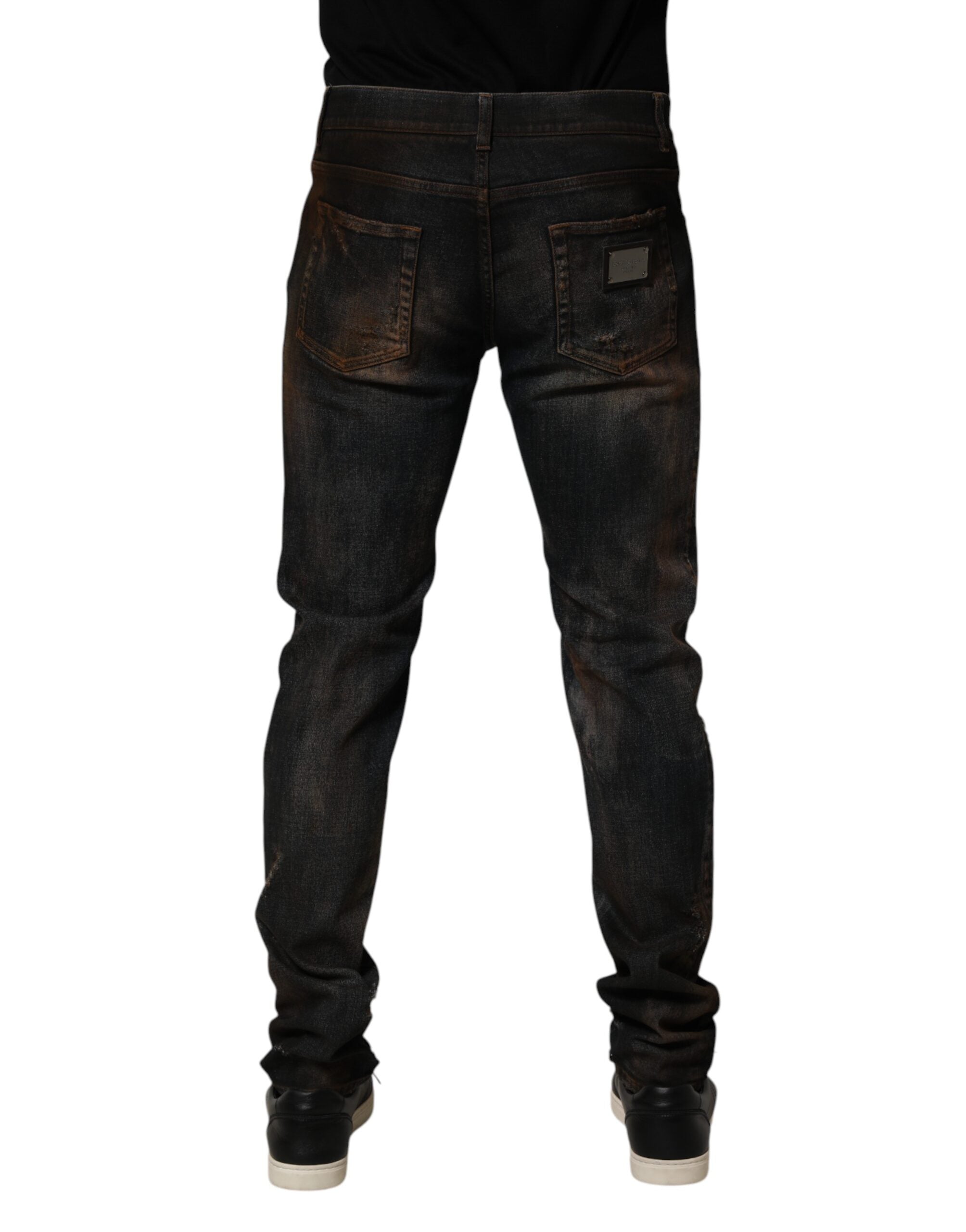 New Dolce & Gabbana Black Cotton Skinny Tattered Men Denim Jeans