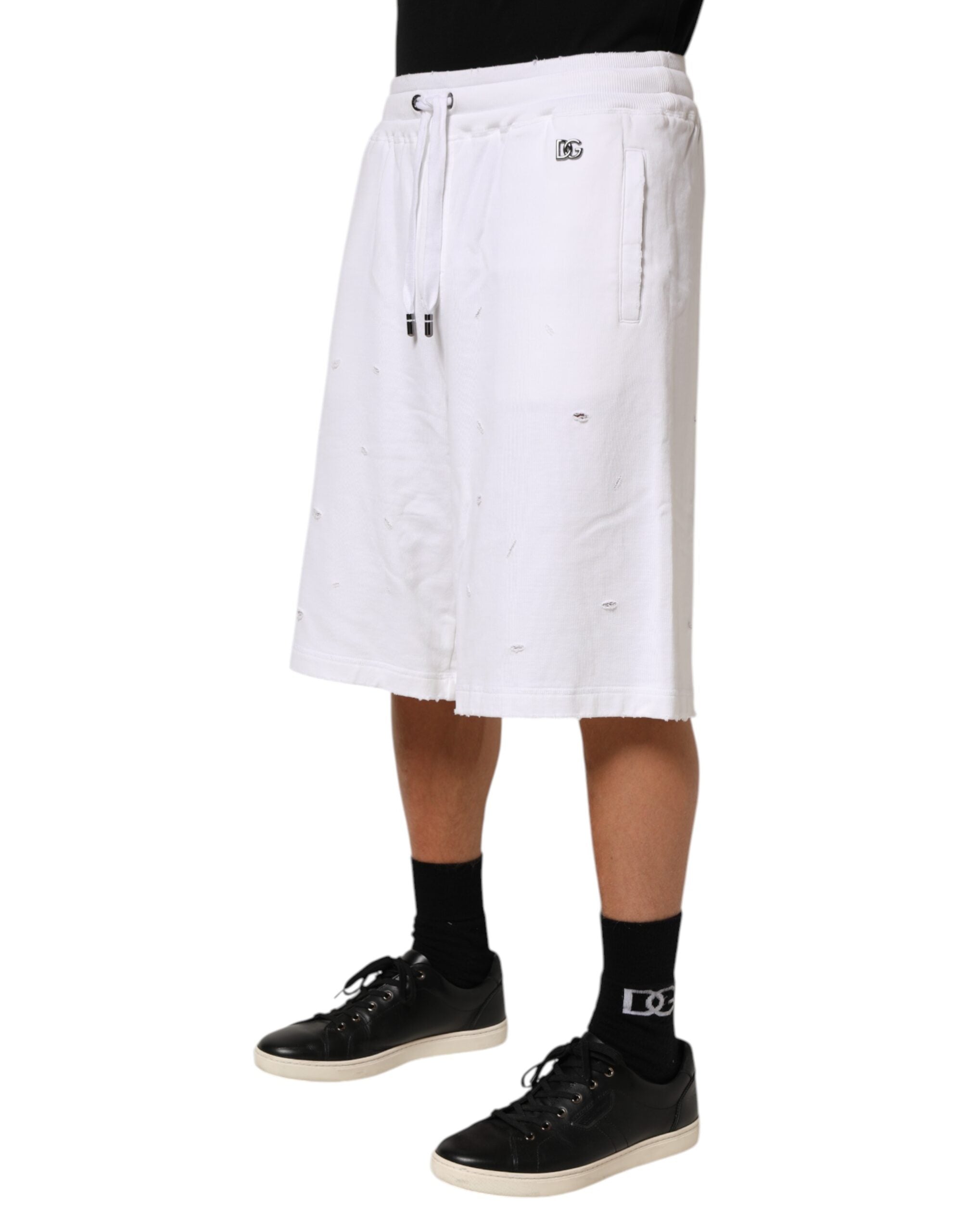 Dolce & Gabbana White Cotton Ripped Bermuda Sweatpants Shorts