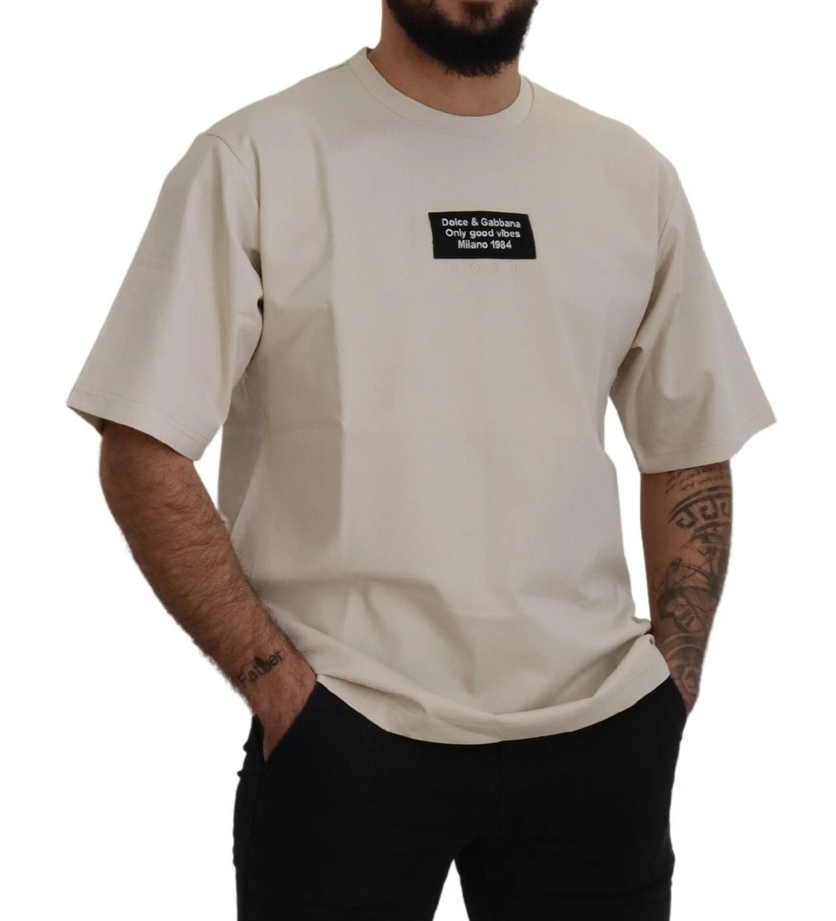 New Dolce & Gabbana Ivory Cotton Ivory Printed Crewneck