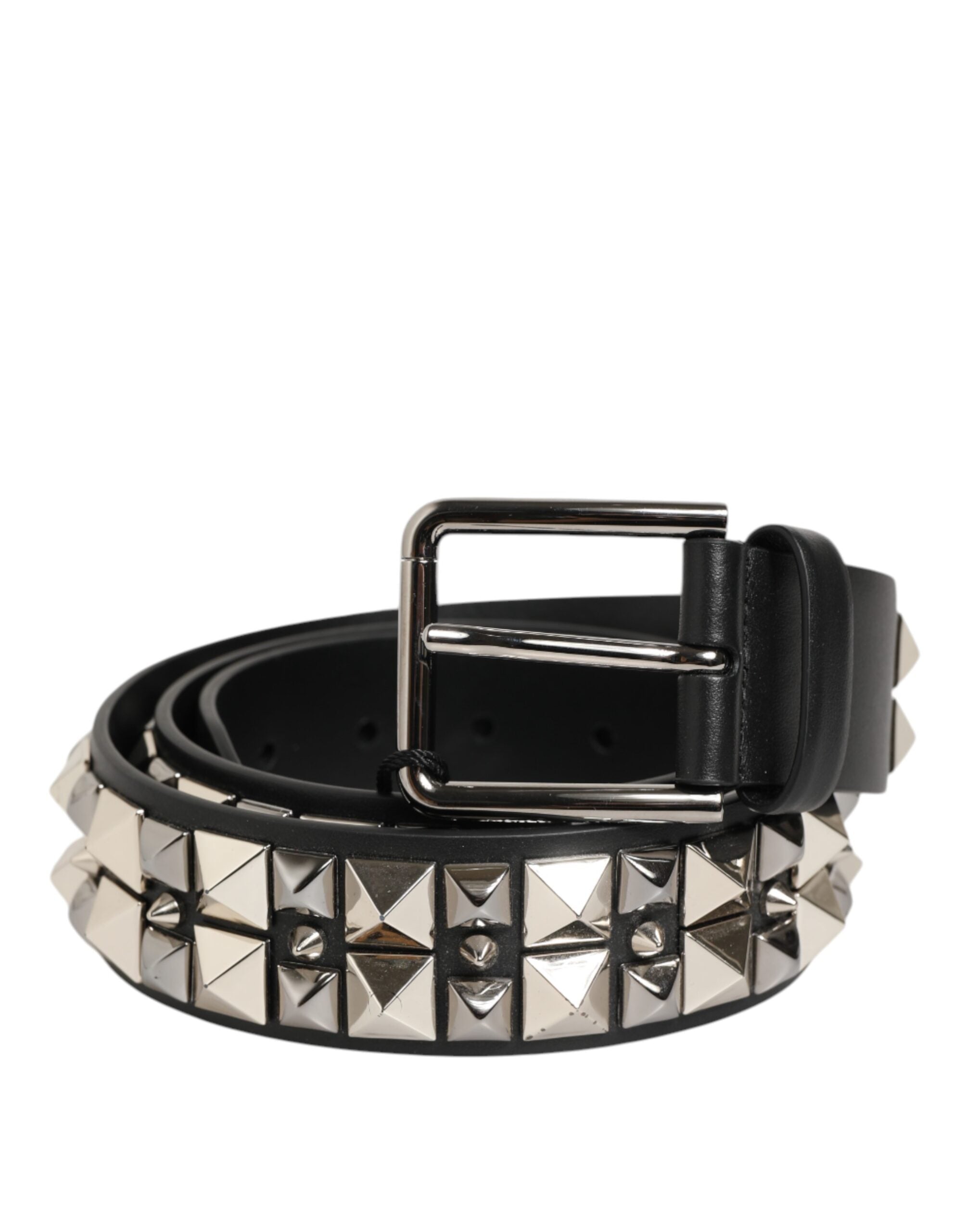 New Dolce & Gabbana Black Calf Leather Studded Silver Buckle Belt