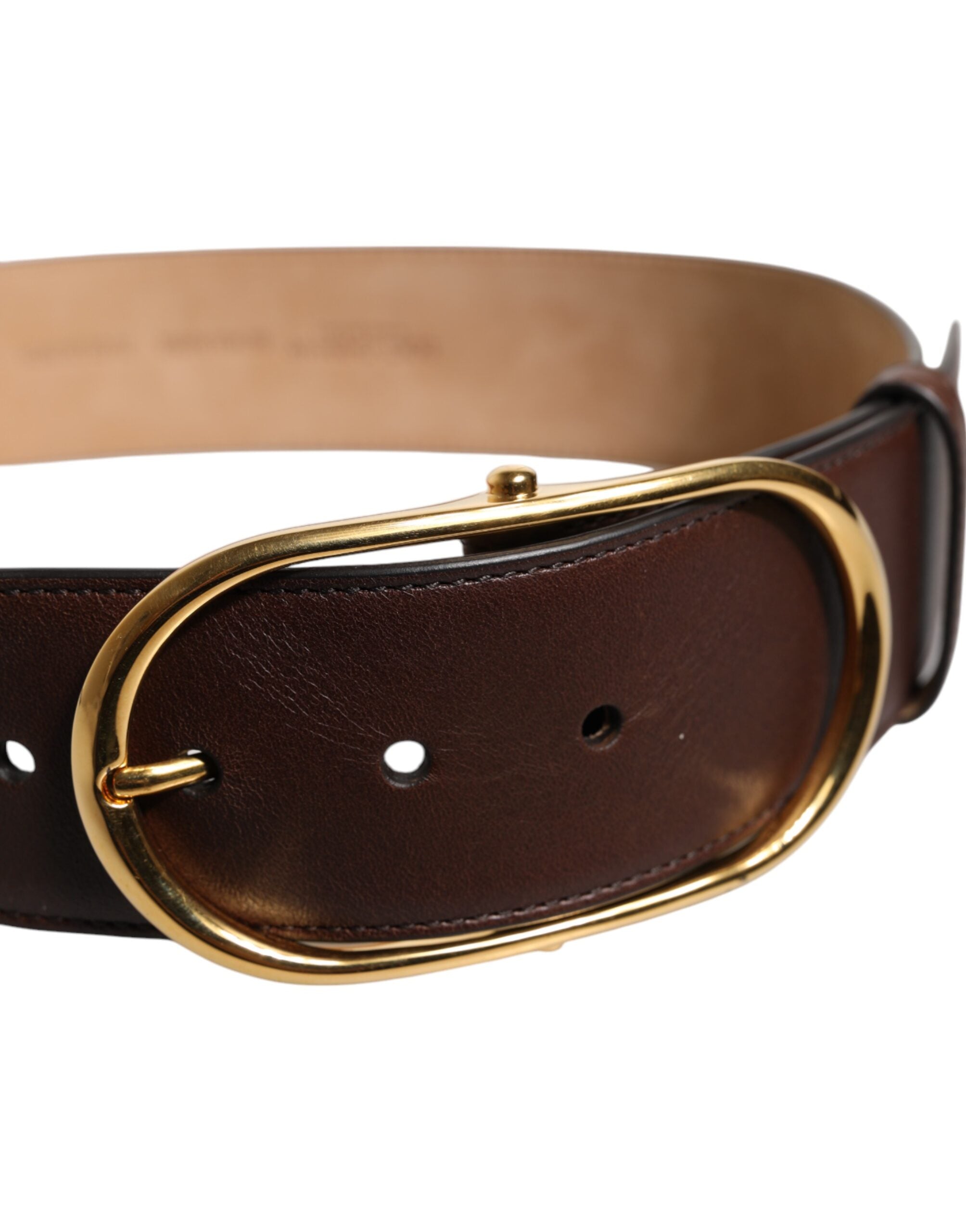 New Dolce & Gabbana Brown Leather Classic Metal Oval Buckle Belt