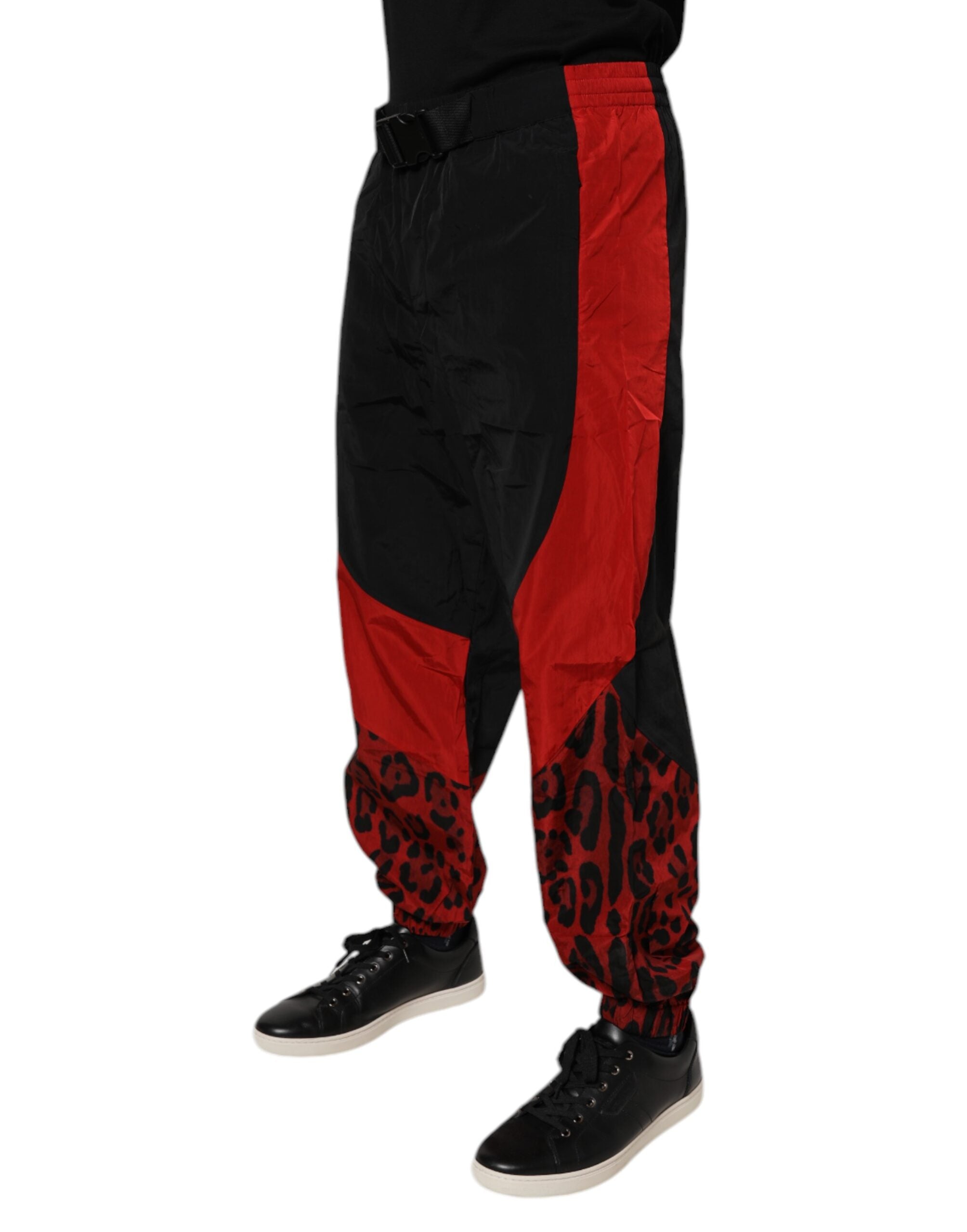 New Dolce & Gabbana Black Red Leopard Print Nylon Jogger Pants