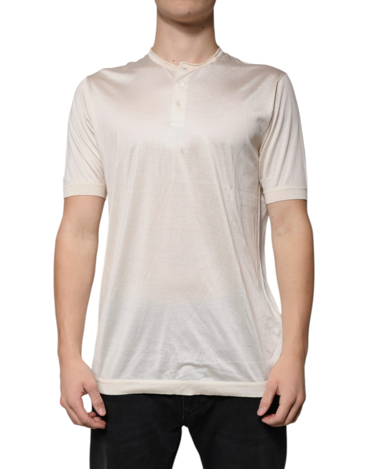 New Dolce & Gabbana Off White Silk Henley Short Sleeves T-Shirt