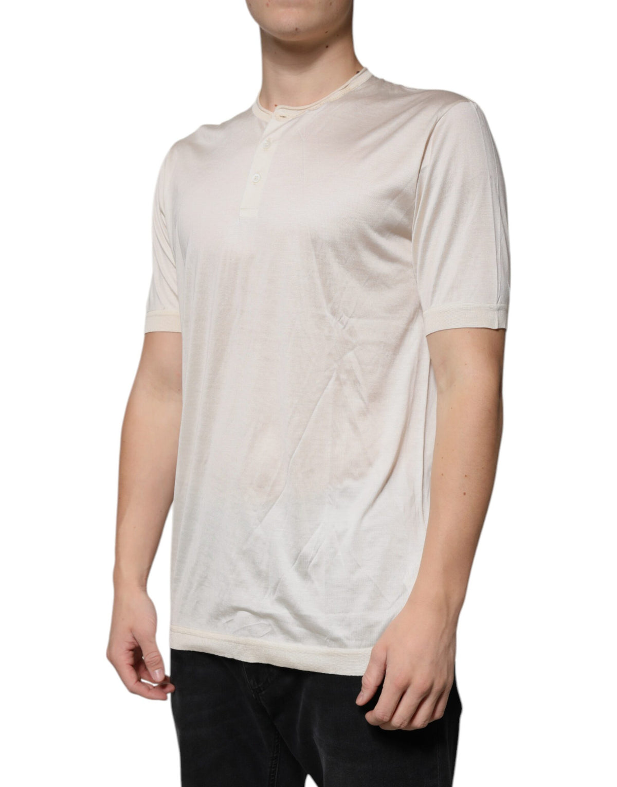 New Dolce & Gabbana Off White Silk Henley Short Sleeves T-Shirt