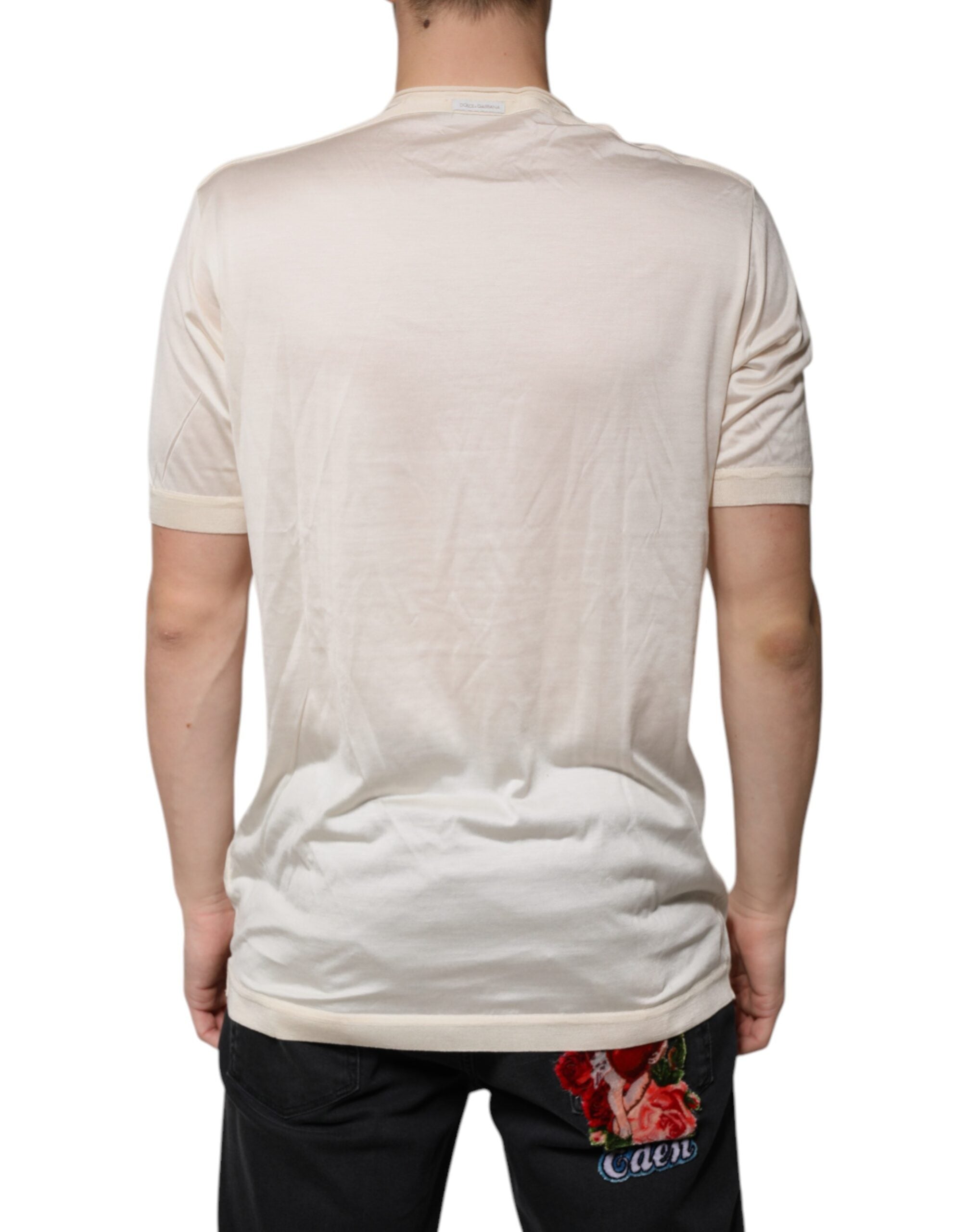 New Dolce & Gabbana Off White Silk Henley Short Sleeves T-Shirt