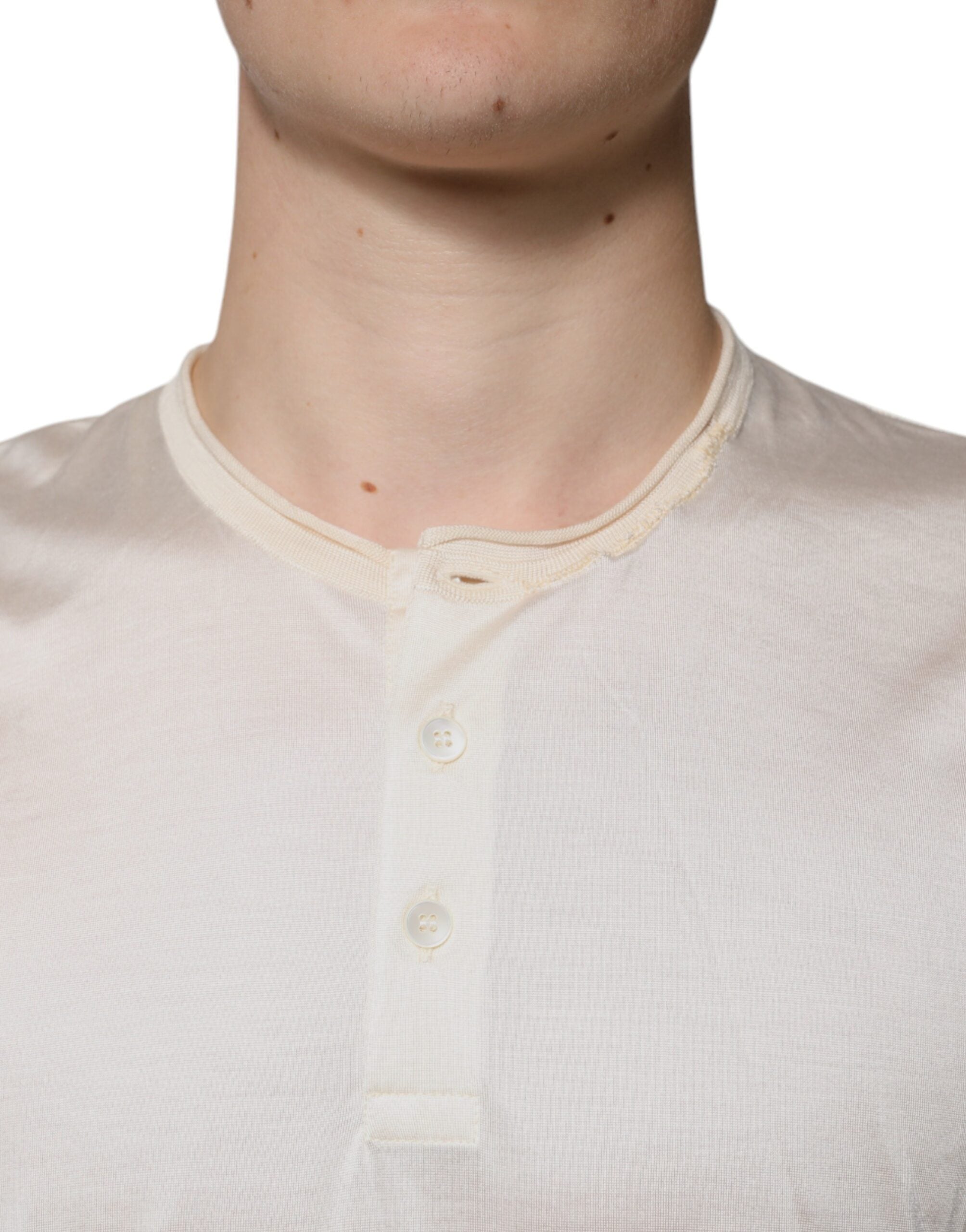 New Dolce & Gabbana Off White Silk Henley Short Sleeves T-Shirt
