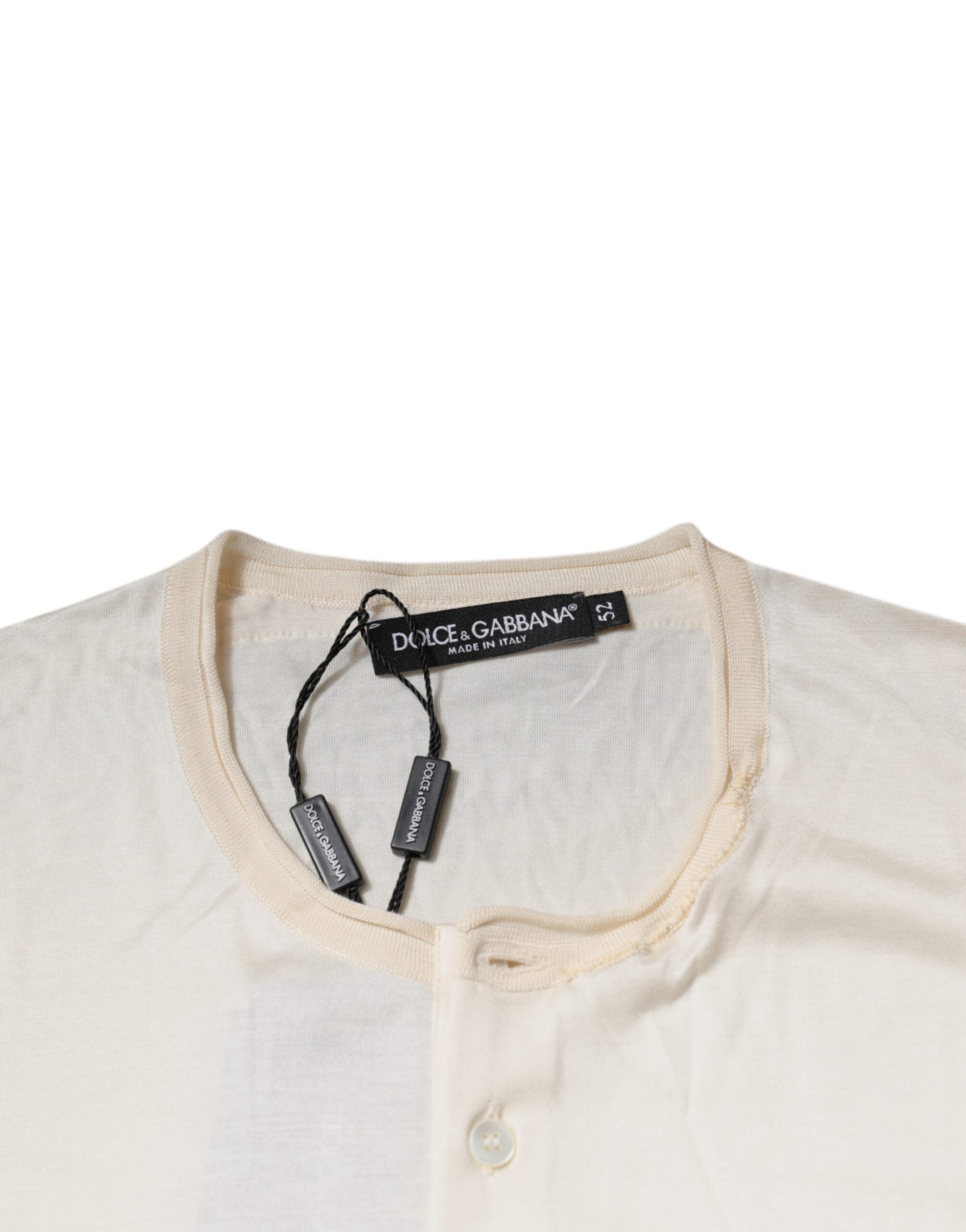 New Dolce & Gabbana Off White Silk Henley Short Sleeves T-Shirt