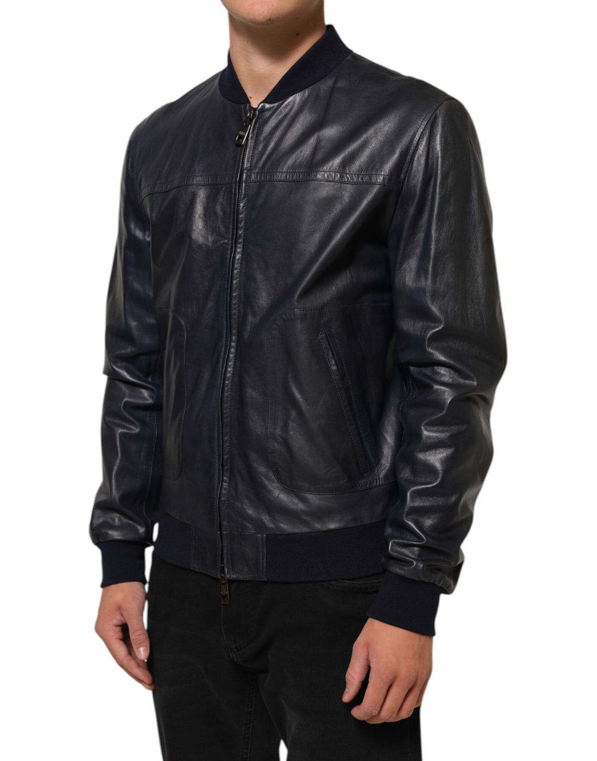 Dolce & Gabbana Blue Leather Full Zip Biker Blouson Jacket
