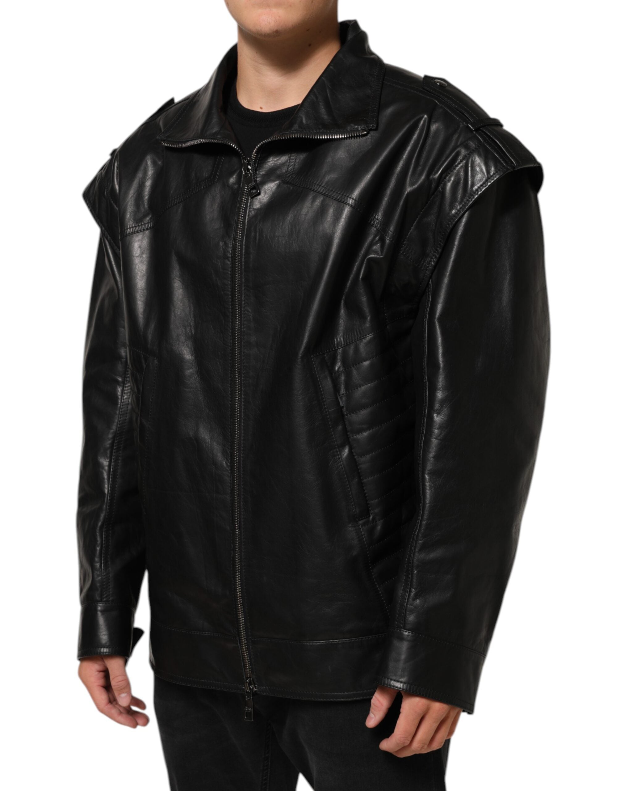 New Dolce & Gabbana Black Leather Full Zip Biker Blouson Jacket