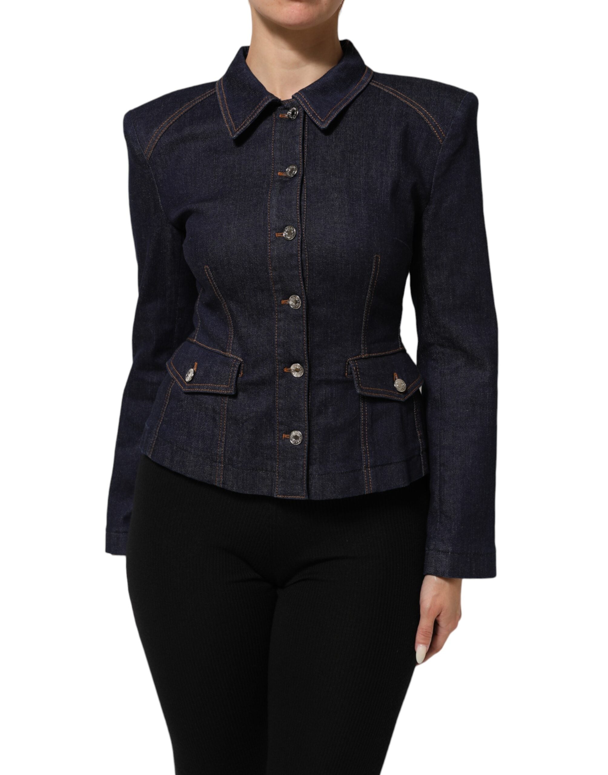New Dolce & Gabbana Dark Blue Cotton Collared Denim Coat Jacket