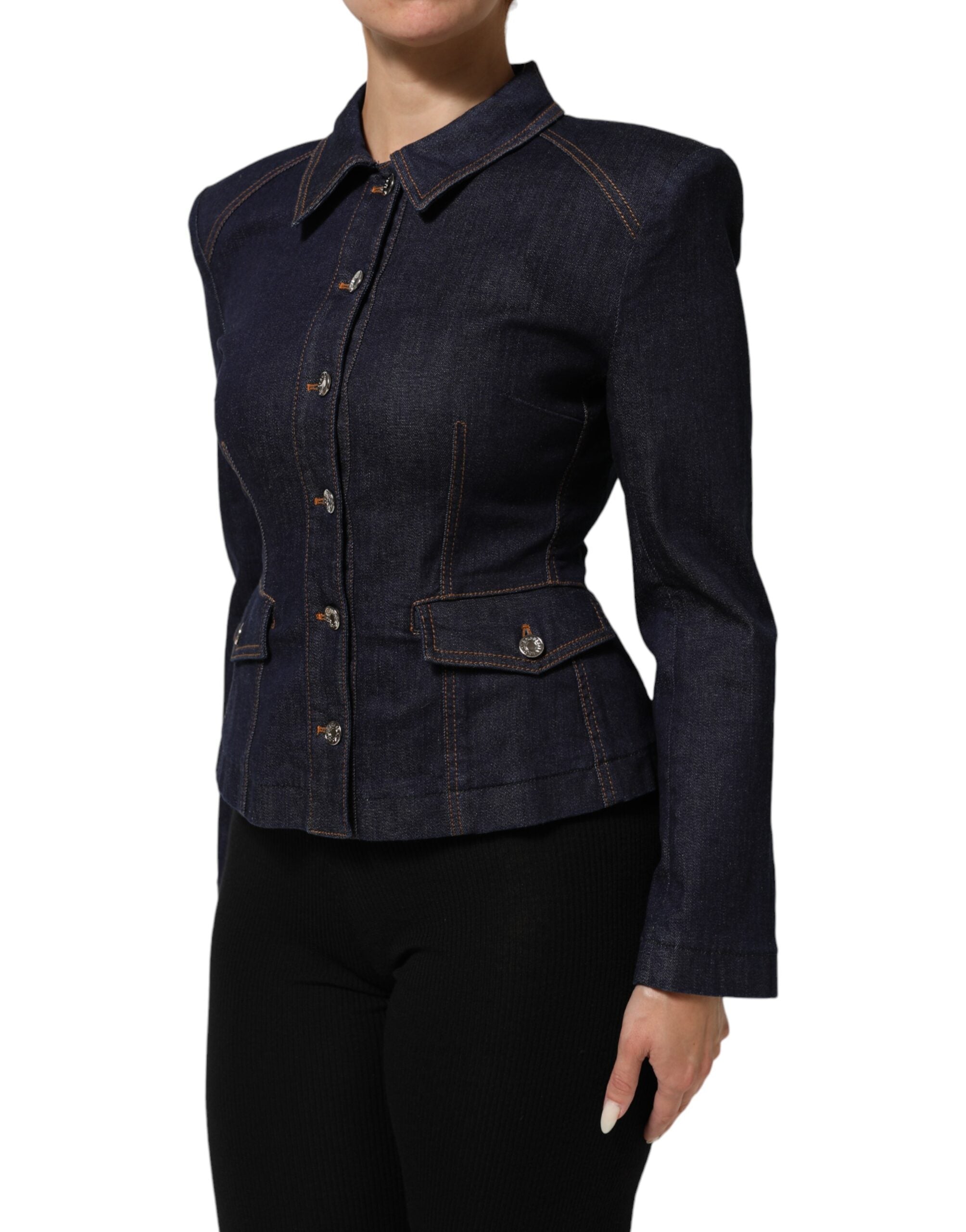 New Dolce & Gabbana Dark Blue Cotton Collared Denim Coat Jacket