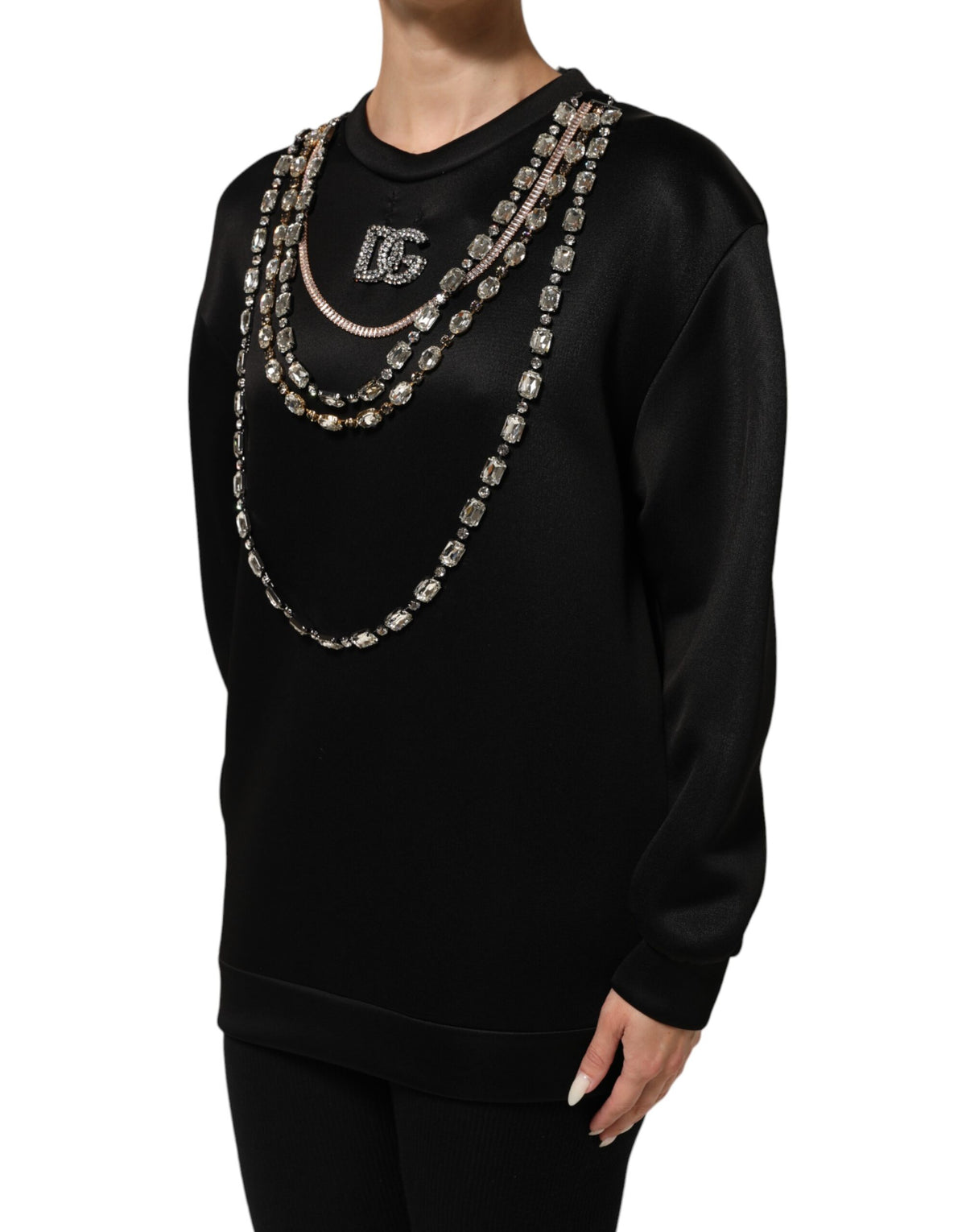 Dolce & Gabbana Black Crystal DG Necklace Sweatshirt Sweater