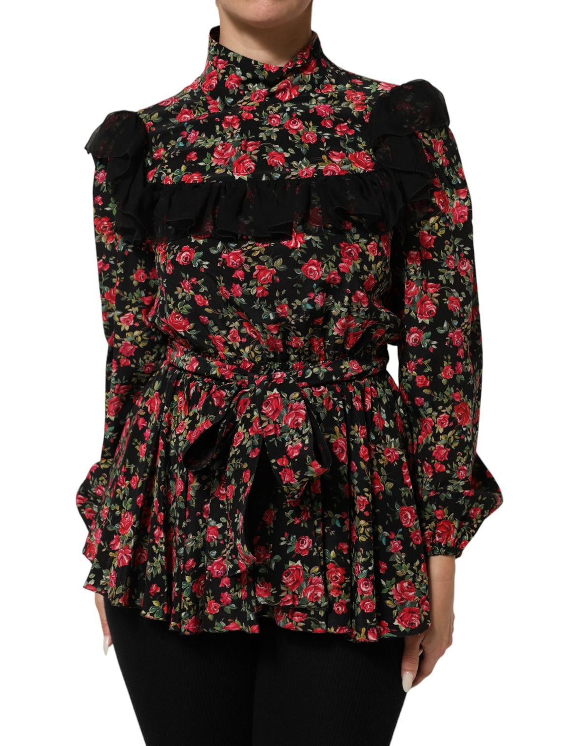 New Dolce & Gabbana Black Floral Print Long Sleeve Blouse Top