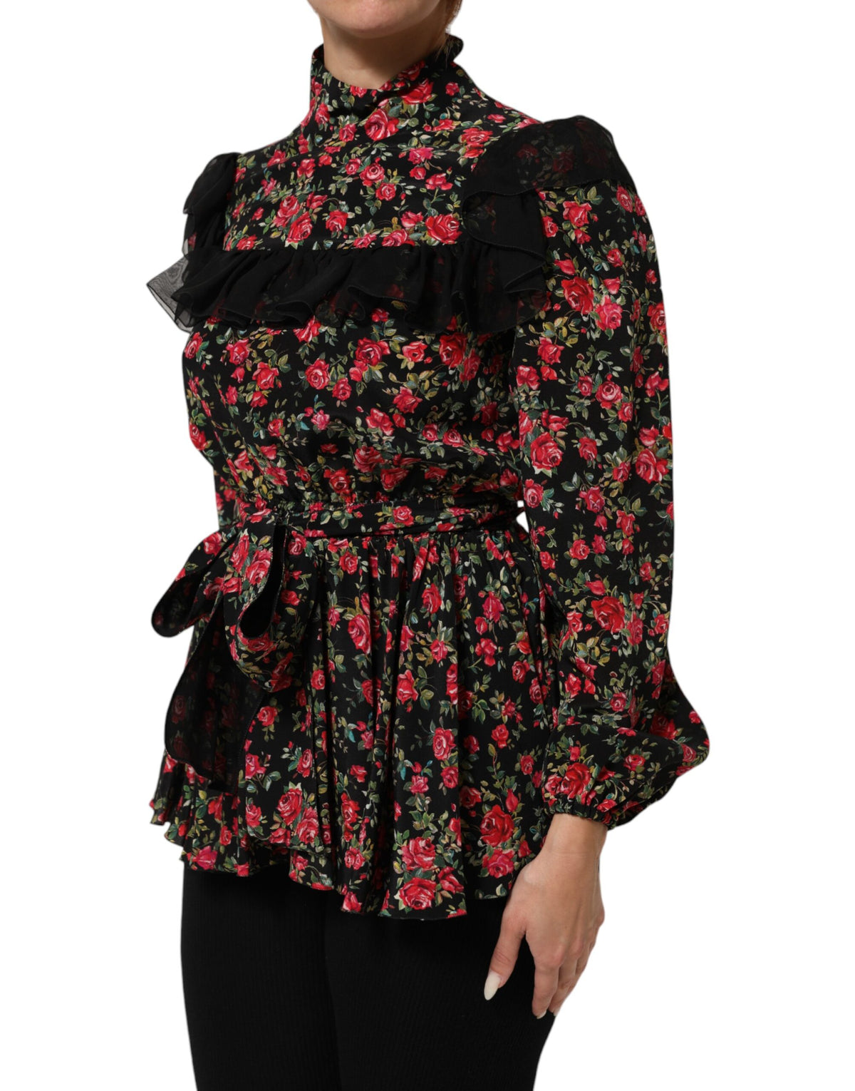 New Dolce & Gabbana Black Floral Print Long Sleeve Blouse Top