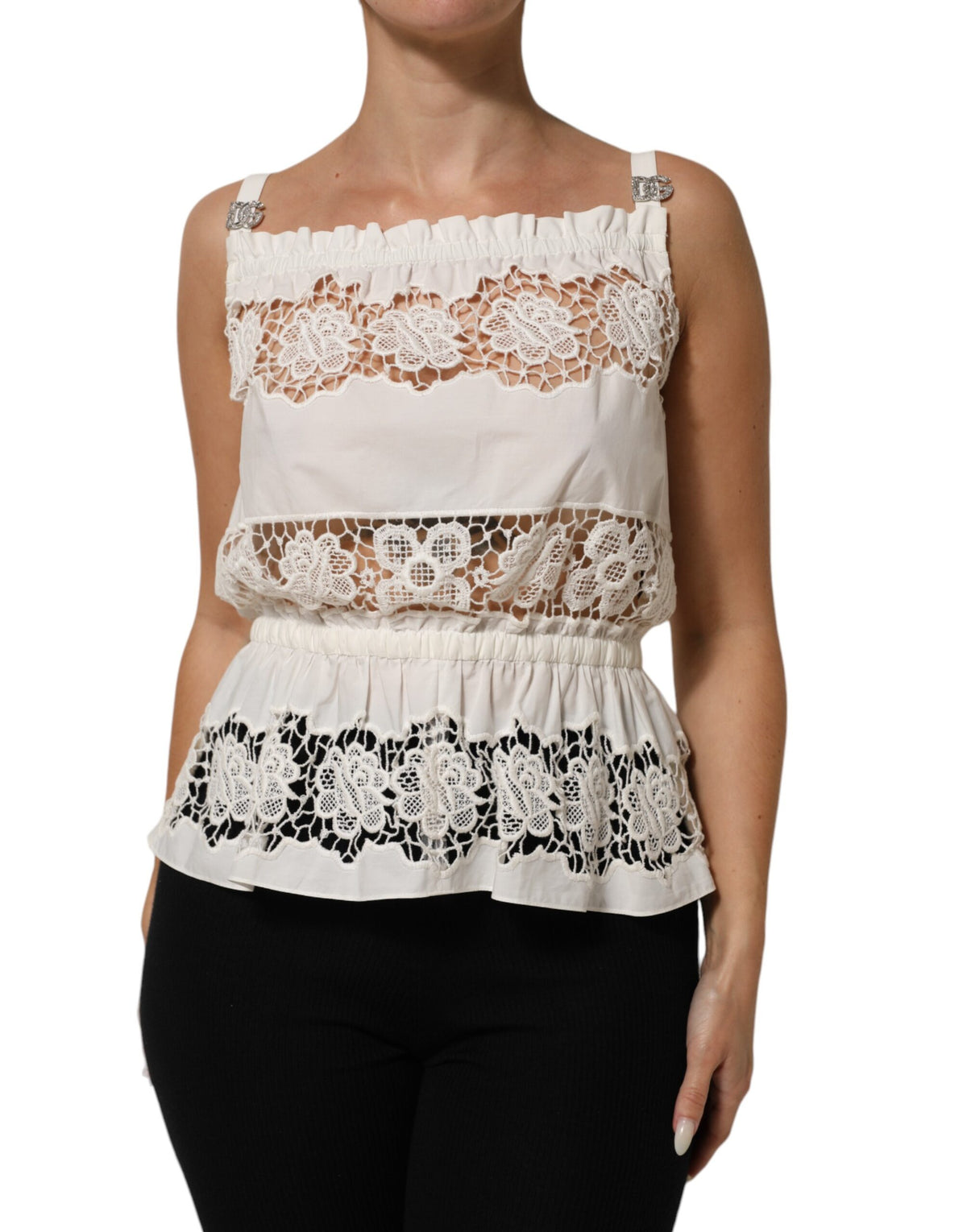Dolce & Gabbana White Poplin Openwork Embroidery Tank Top