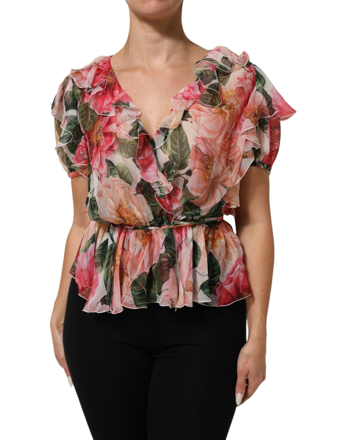 New Dolce & Gabbana Pink Camellias Printed Silk V-neck Blouse Top