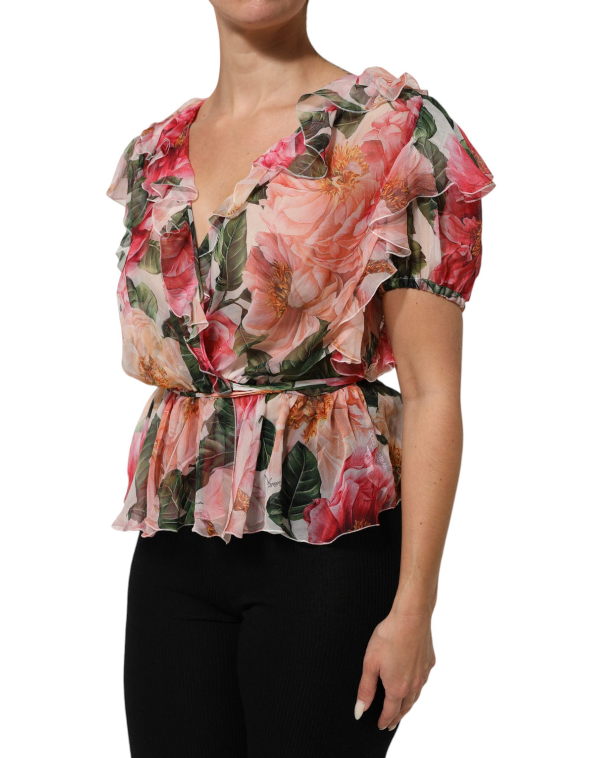 New Dolce & Gabbana Pink Camellias Printed Silk V-neck Blouse Top
