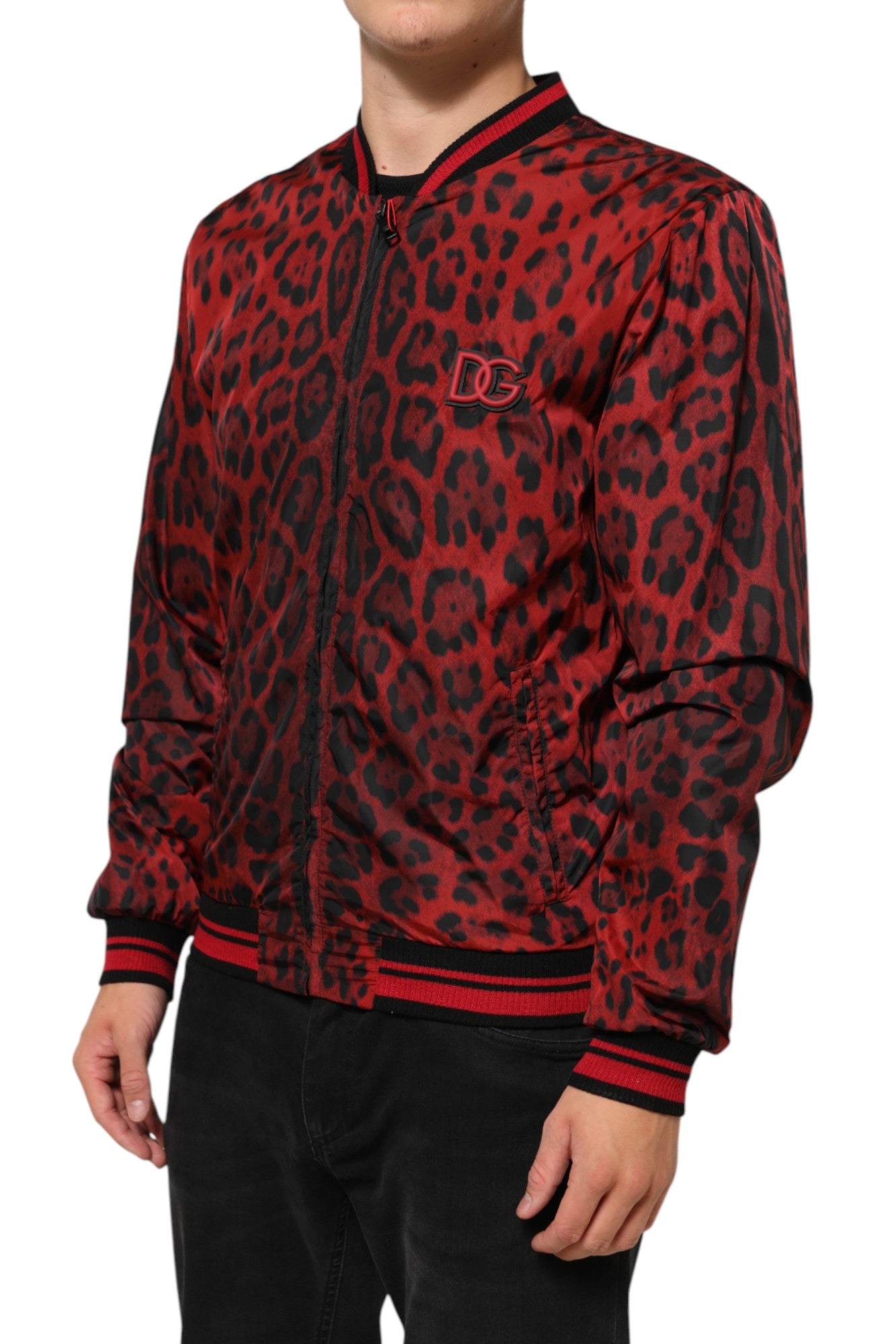 Dolce & Gabbana Red Leopard Print Full Zip Bomber Jacket