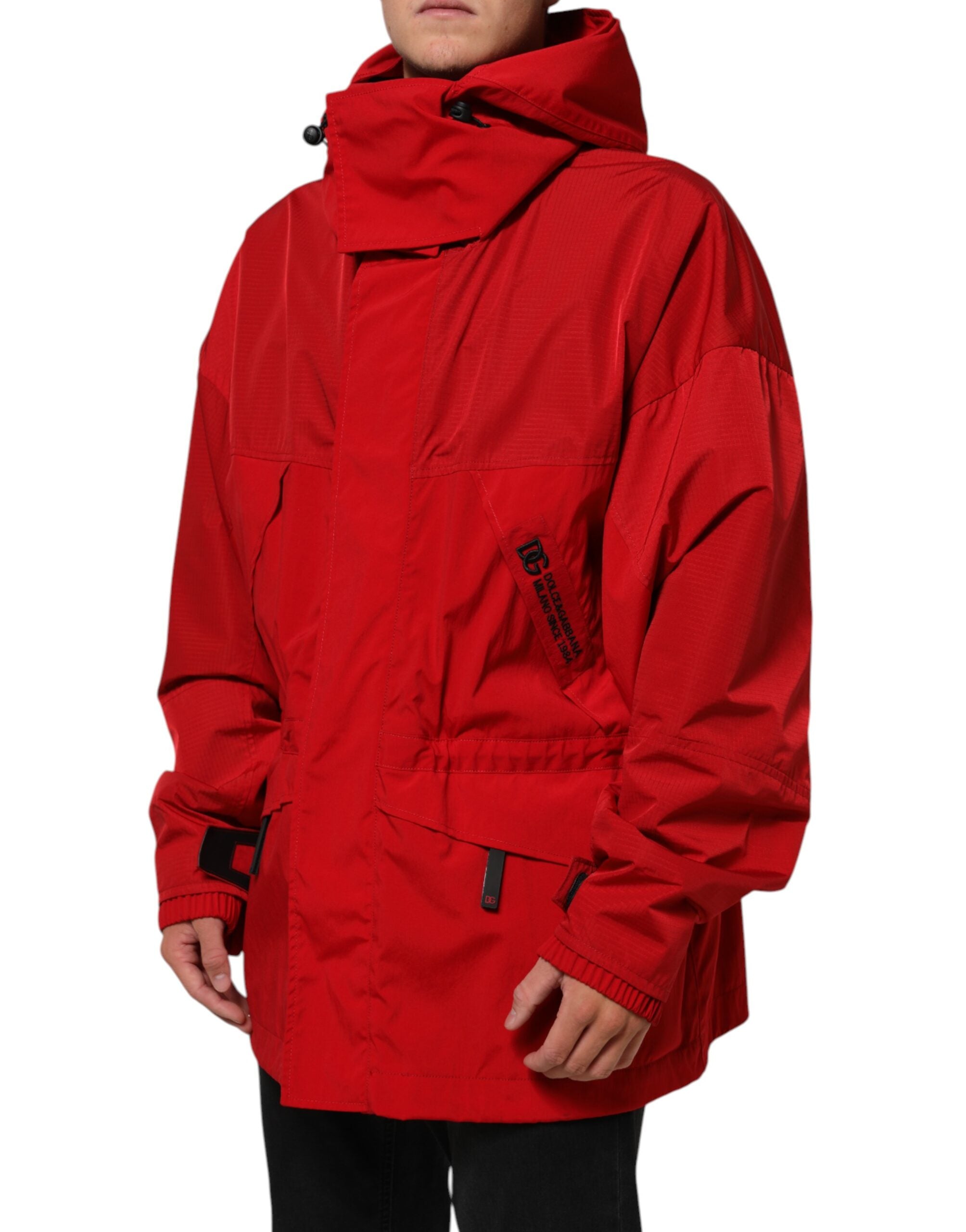 New Dolce & Gabbana Red Nylon Hooded Men Full Zip Parka Jacket