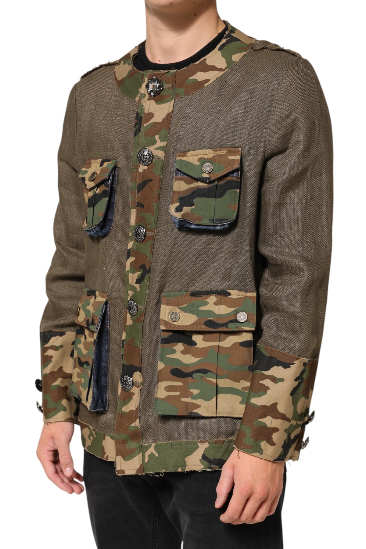 New Dolce & Gabbana Brown Camouflage Linen Button Down Jacket